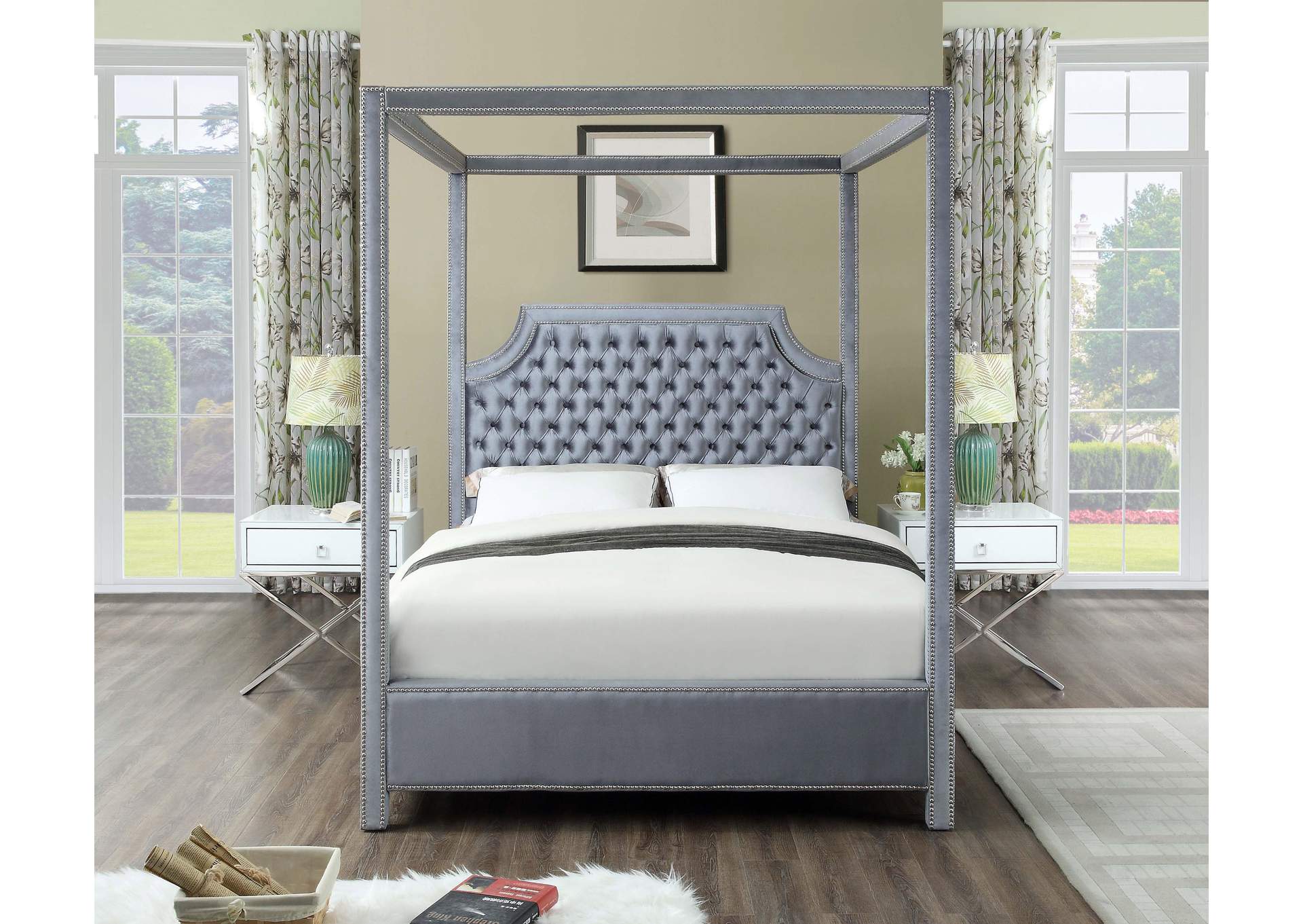 Rowan Grey Velvet Queen Bed (3 Boxes),Meridian Furniture