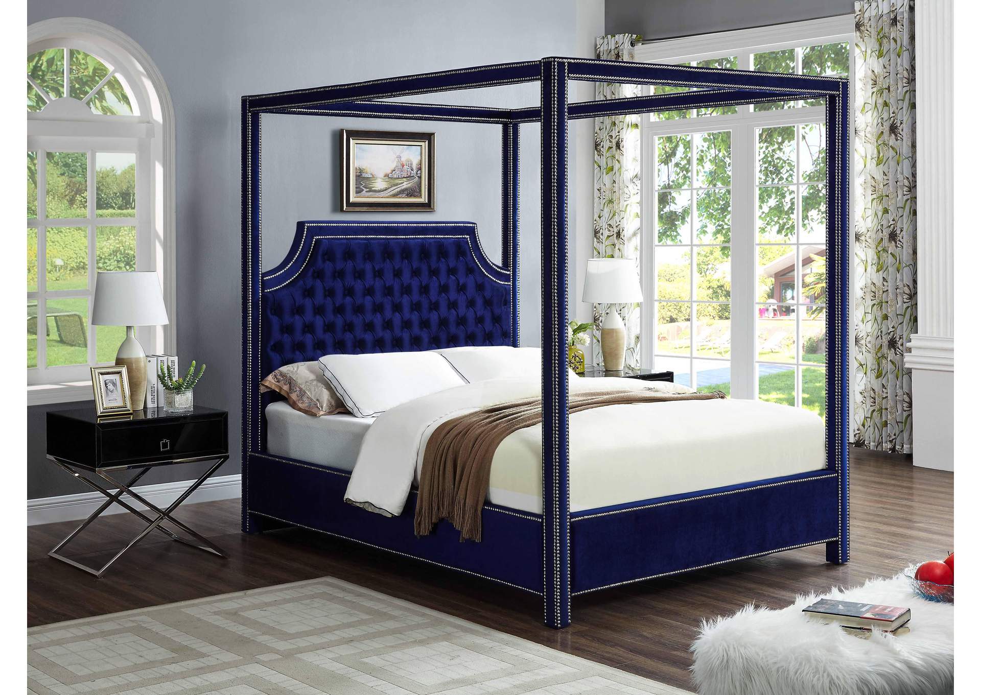 Rowan Navy Velvet King Bed (3 Boxes),Meridian Furniture