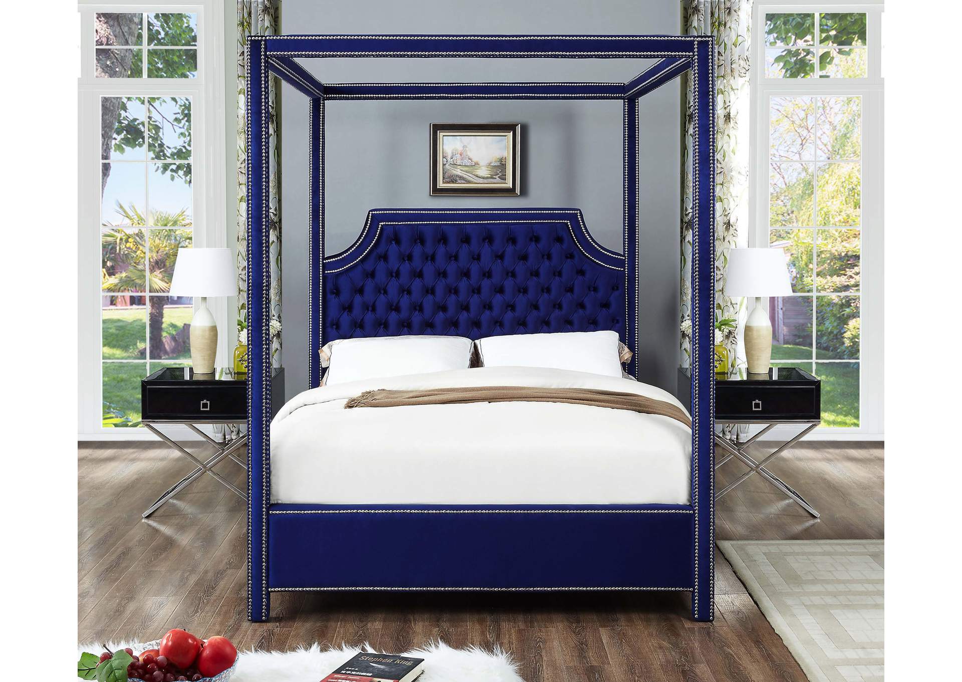 Rowan Navy Velvet King Bed (3 Boxes),Meridian Furniture