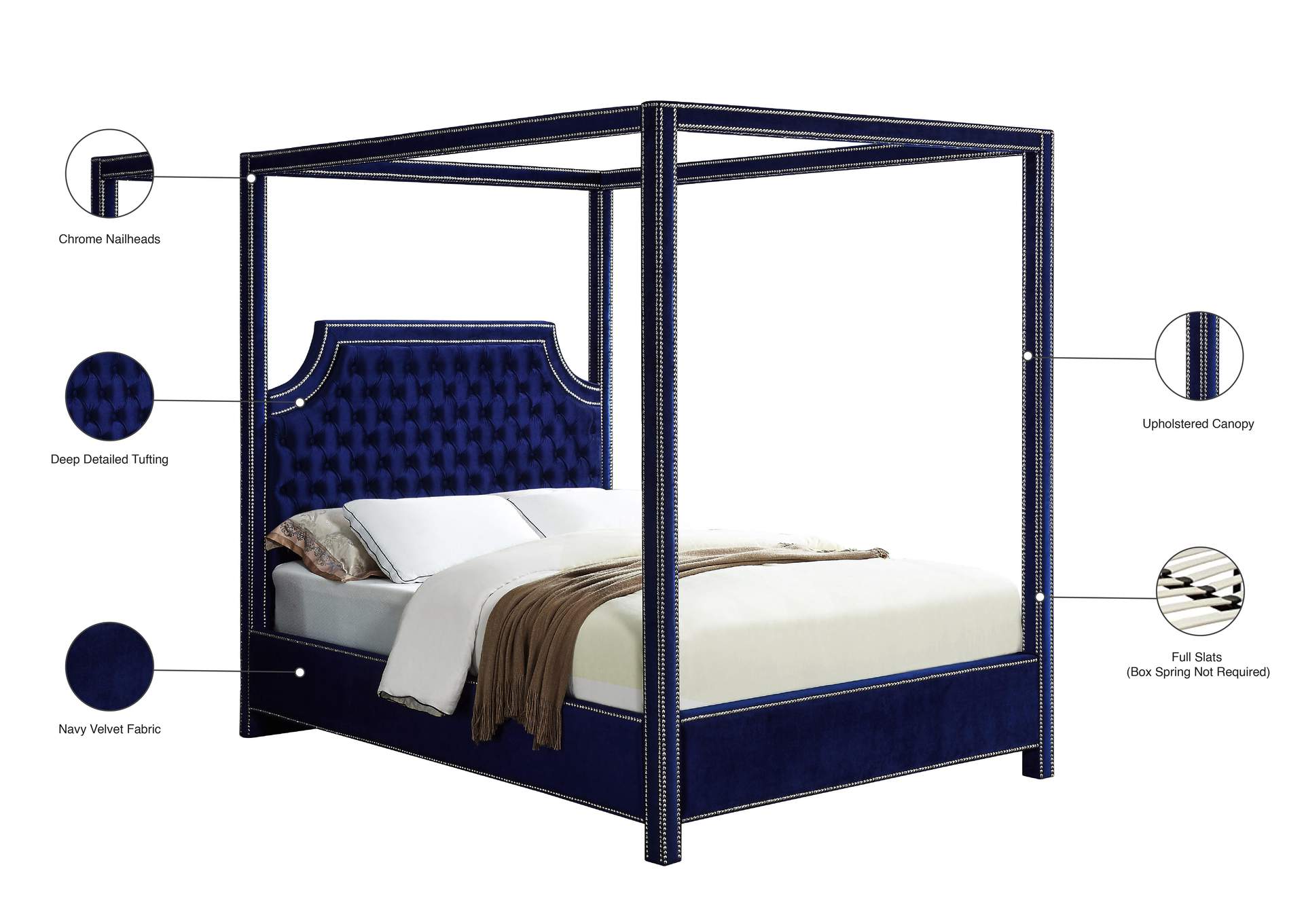 Rowan Navy Velvet Queen Bed (3 Boxes),Meridian Furniture