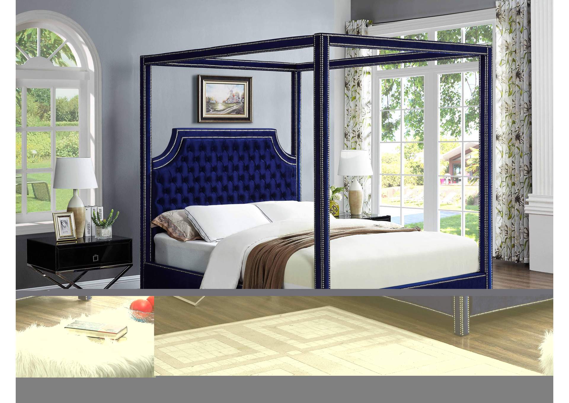 Rowan Navy Velvet Queen Bed (3 Boxes),Meridian Furniture