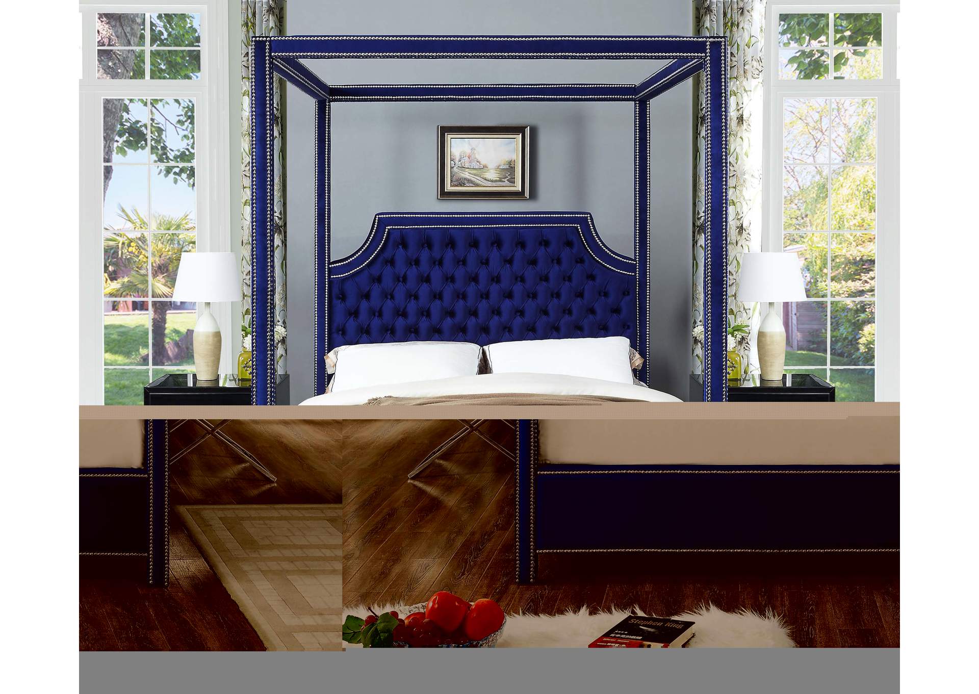 Rowan Navy Velvet Queen Bed (3 Boxes),Meridian Furniture