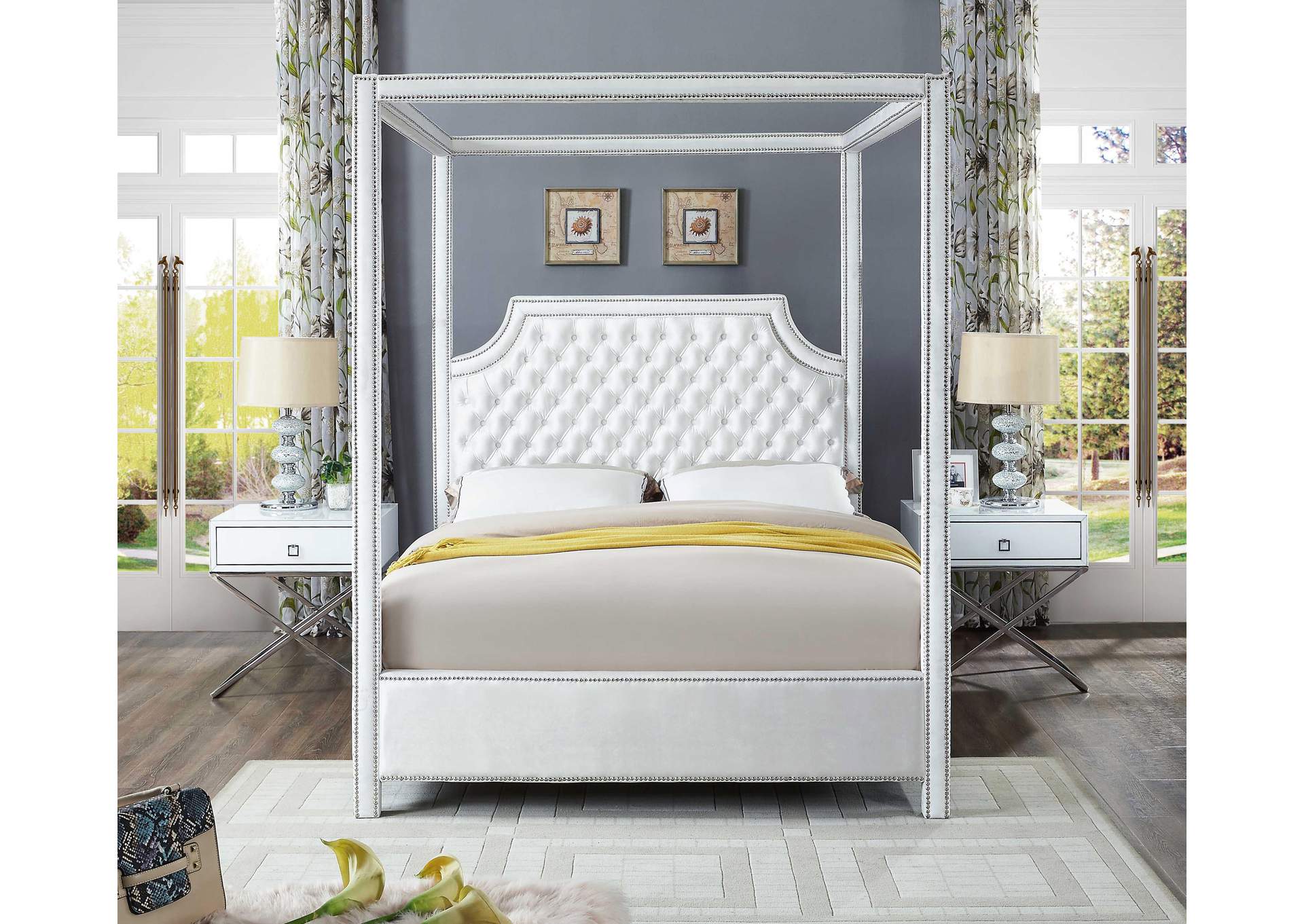 Rowan White Velvet Queen Bed (3 Boxes),Meridian Furniture