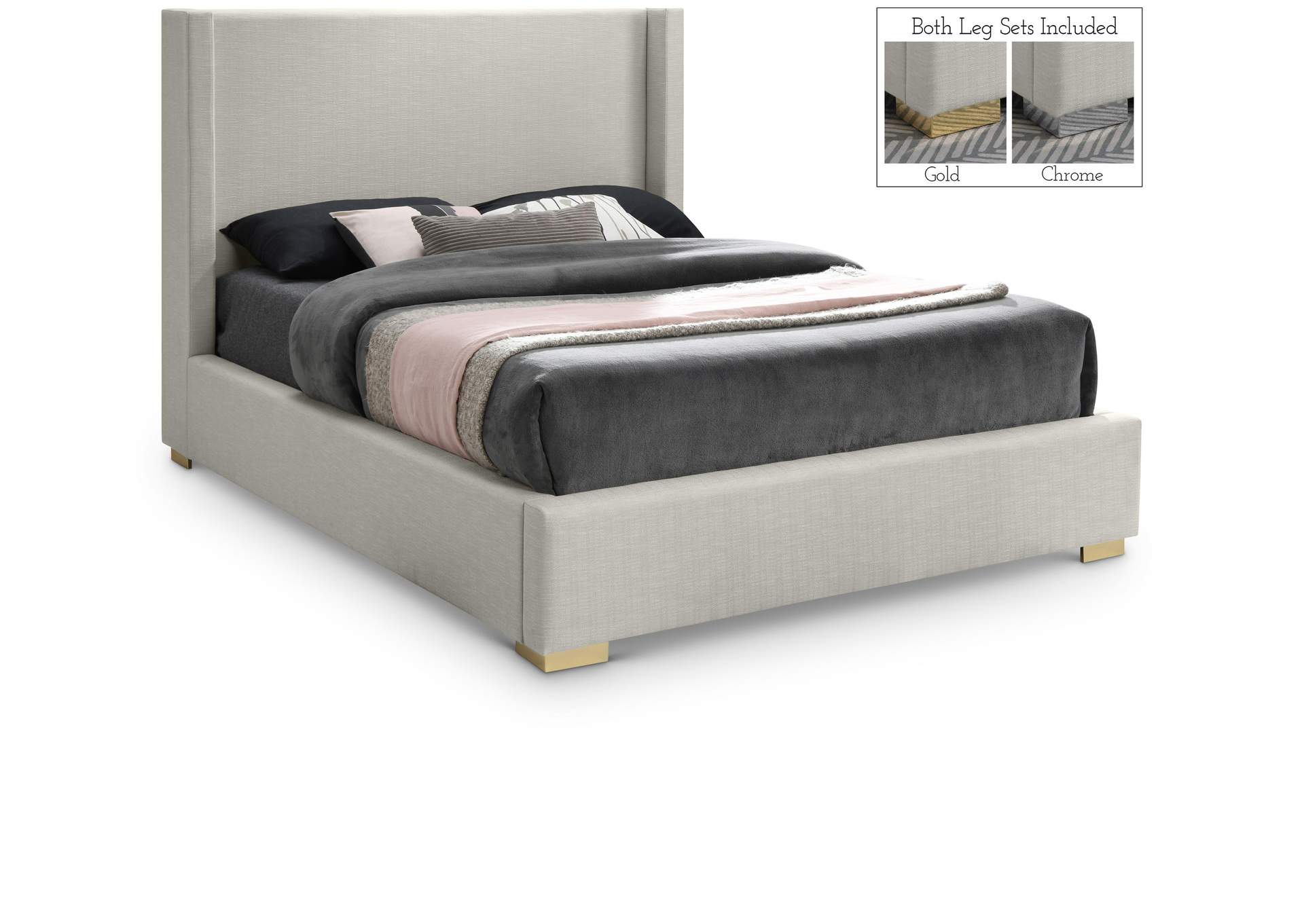 Royce Beige Linen Textured Fabric King Bed (3 Boxes),Meridian Furniture