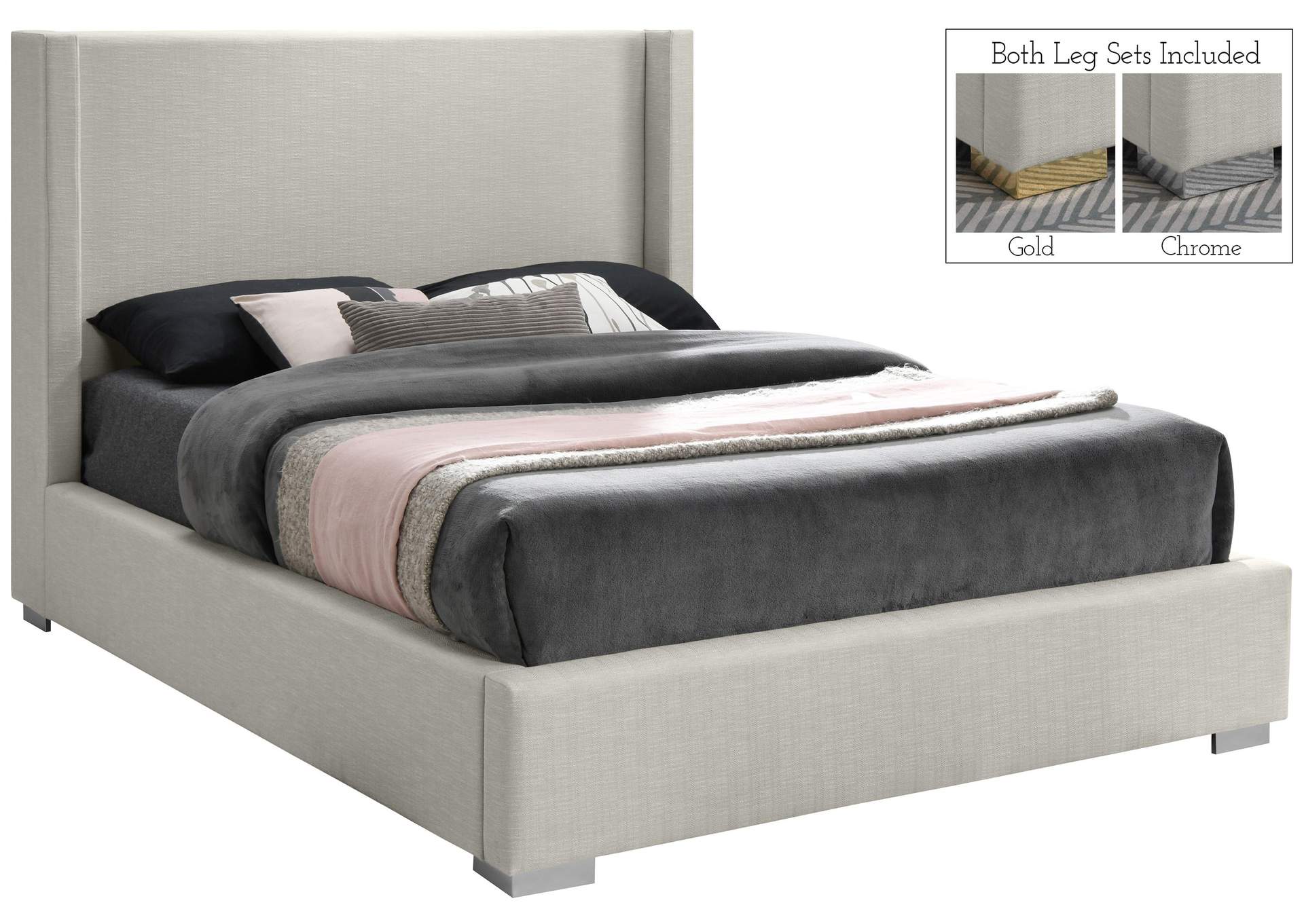 Royce Beige Linen Textured Fabric King Bed (3 Boxes),Meridian Furniture