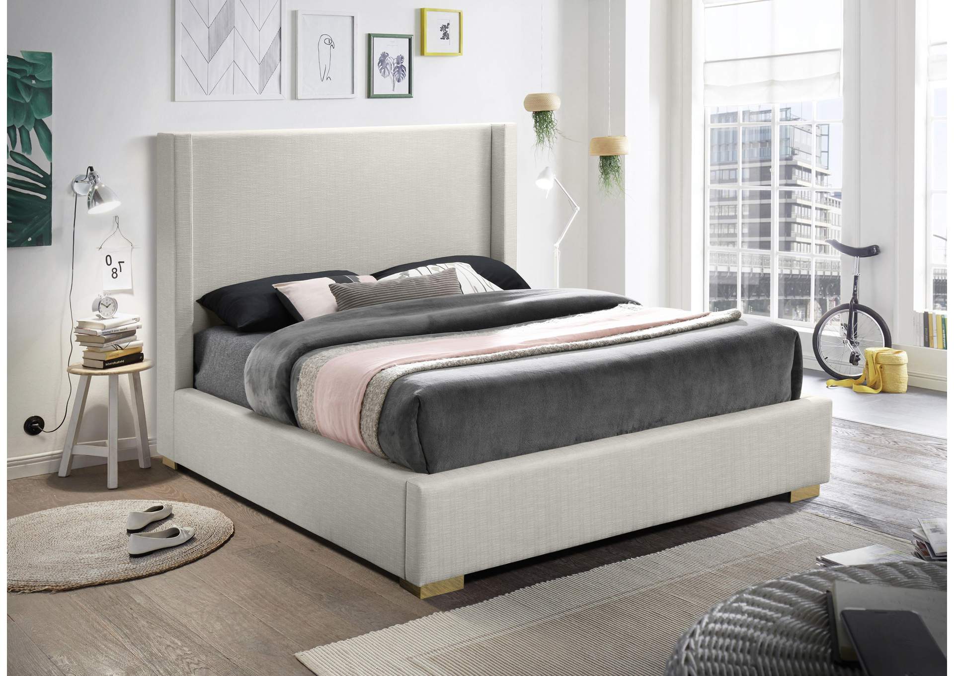 Royce Beige Linen Textured Fabric Queen Bed (3 Boxes),Meridian Furniture