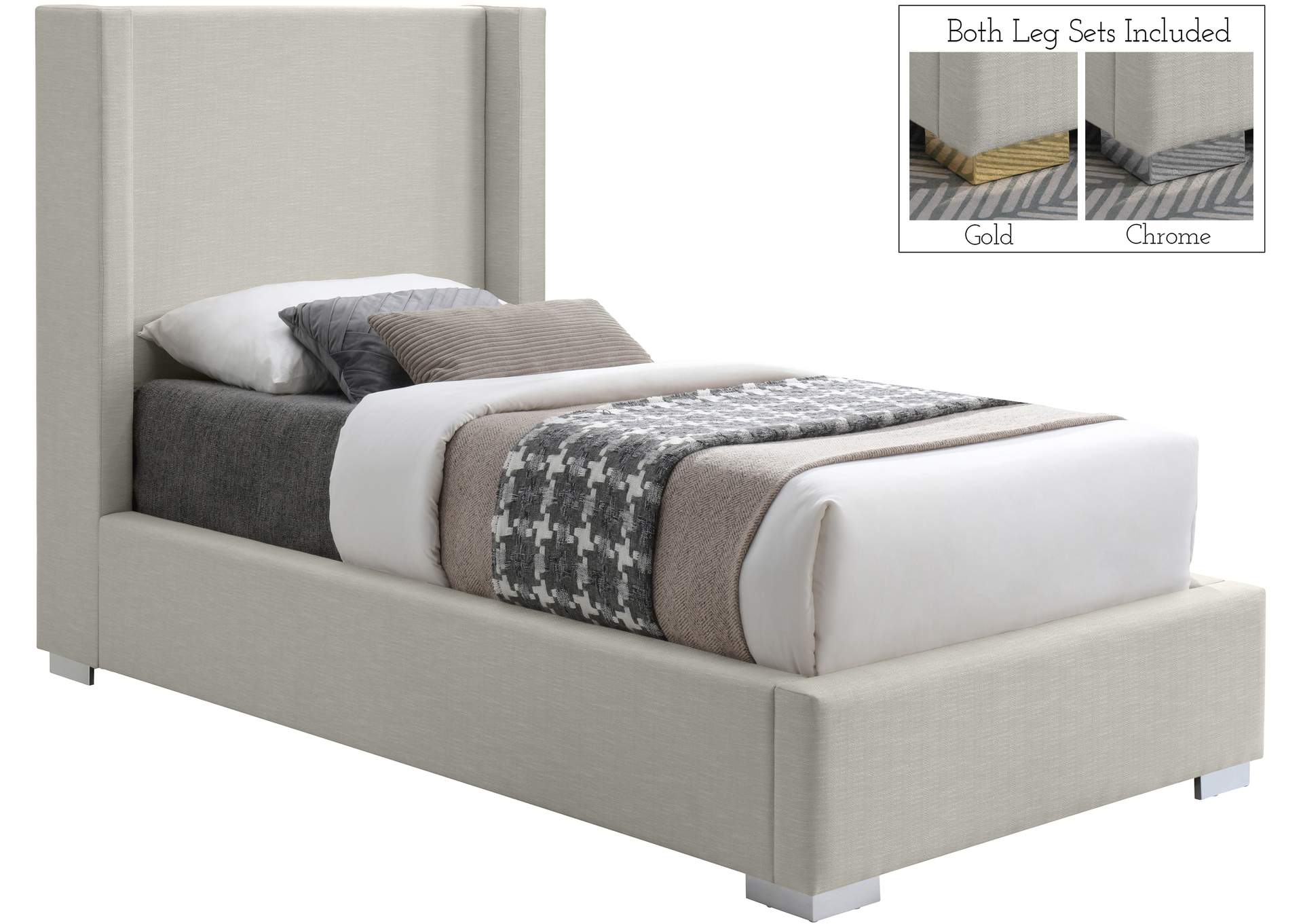 Royce Beige Linen Textured Fabric Twin Bed (3 Boxes),Meridian Furniture