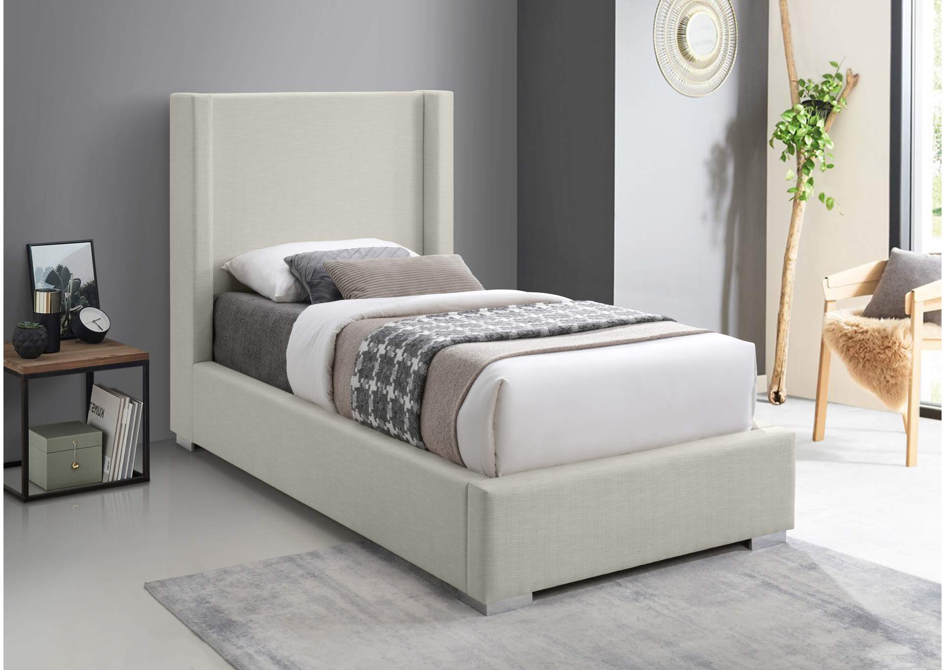 Royce Beige Linen Textured Fabric Twin Bed (3 Boxes),Meridian Furniture