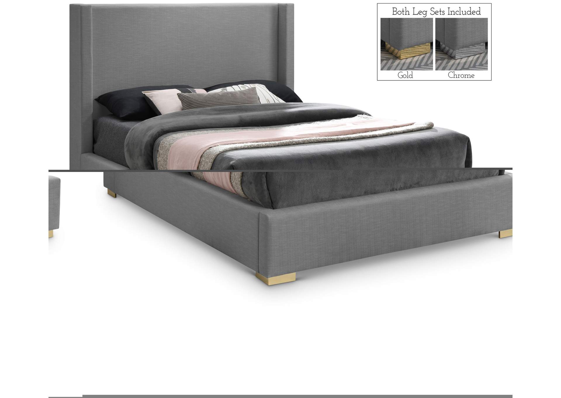 Royce Grey Linen Textured Fabric King Bed (3 Boxes),Meridian Furniture