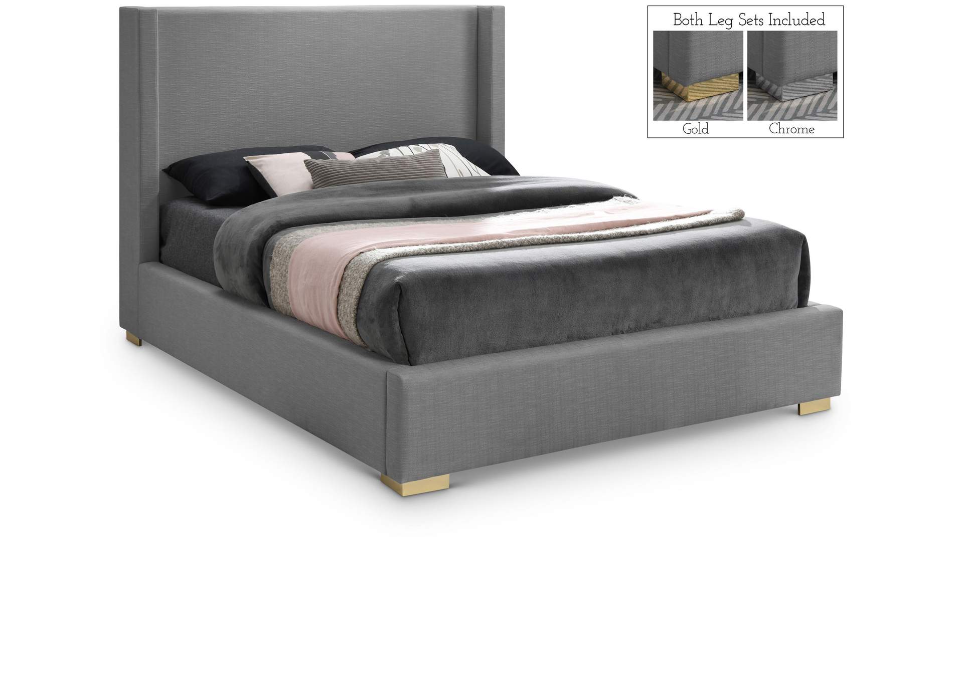 Royce Grey Linen Textured Fabric Queen Bed (3 Boxes),Meridian Furniture