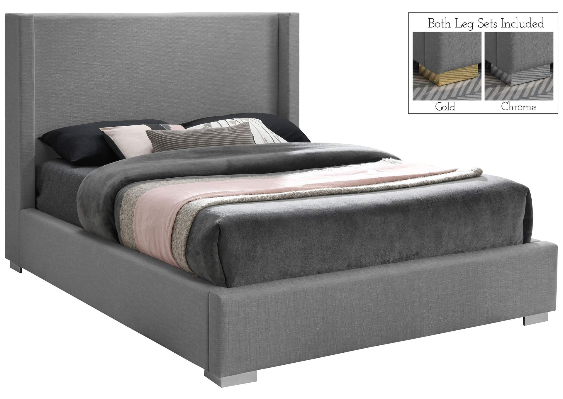 Royce Grey Linen Textured Fabric Queen Bed (3 Boxes),Meridian Furniture