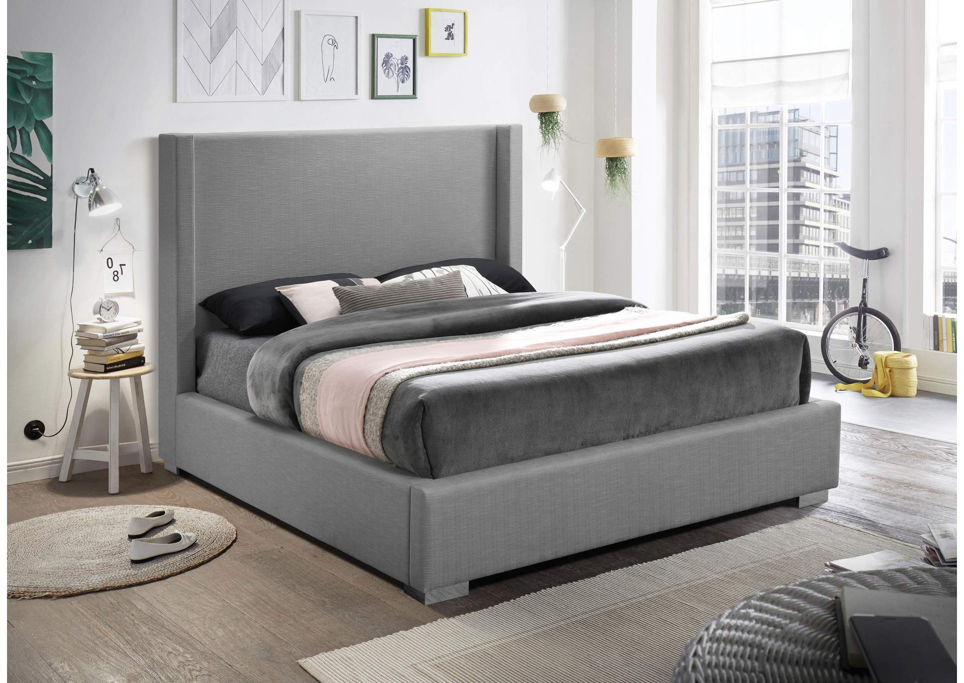 Royce Grey Linen Textured Fabric Queen Bed (3 Boxes),Meridian Furniture
