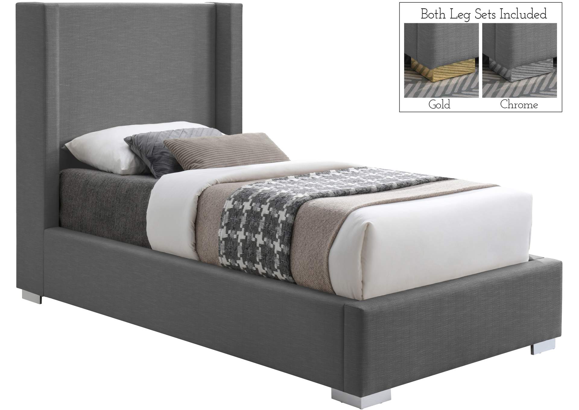 Royce Grey Linen Textured Fabric Twin Bed (3 Boxes),Meridian Furniture