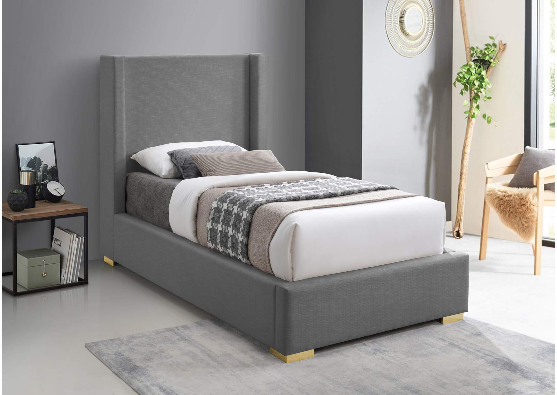 Royce Grey Linen Textured Fabric Twin Bed (3 Boxes),Meridian Furniture