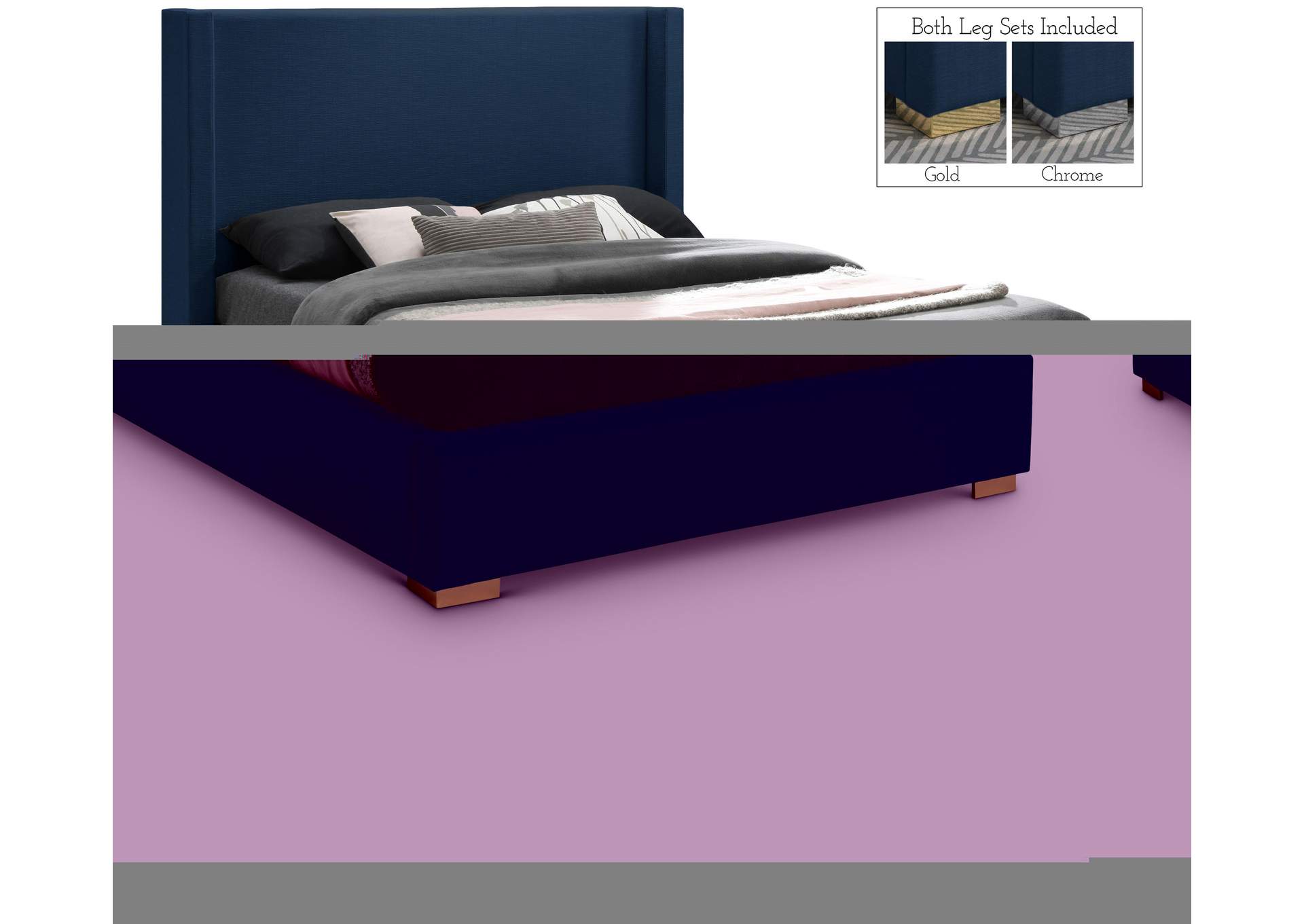 Royce Navy Linen Textured Fabric King Bed (3 Boxes),Meridian Furniture
