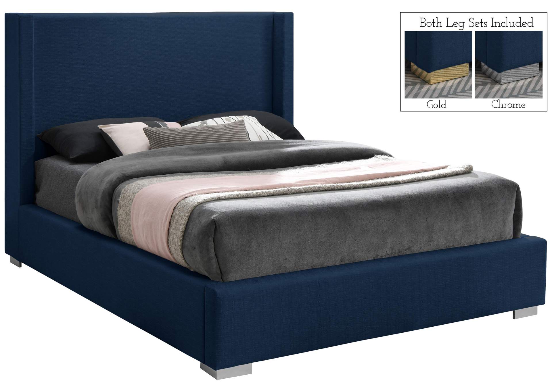 Royce Navy Linen Textured Fabric King Bed (3 Boxes),Meridian Furniture