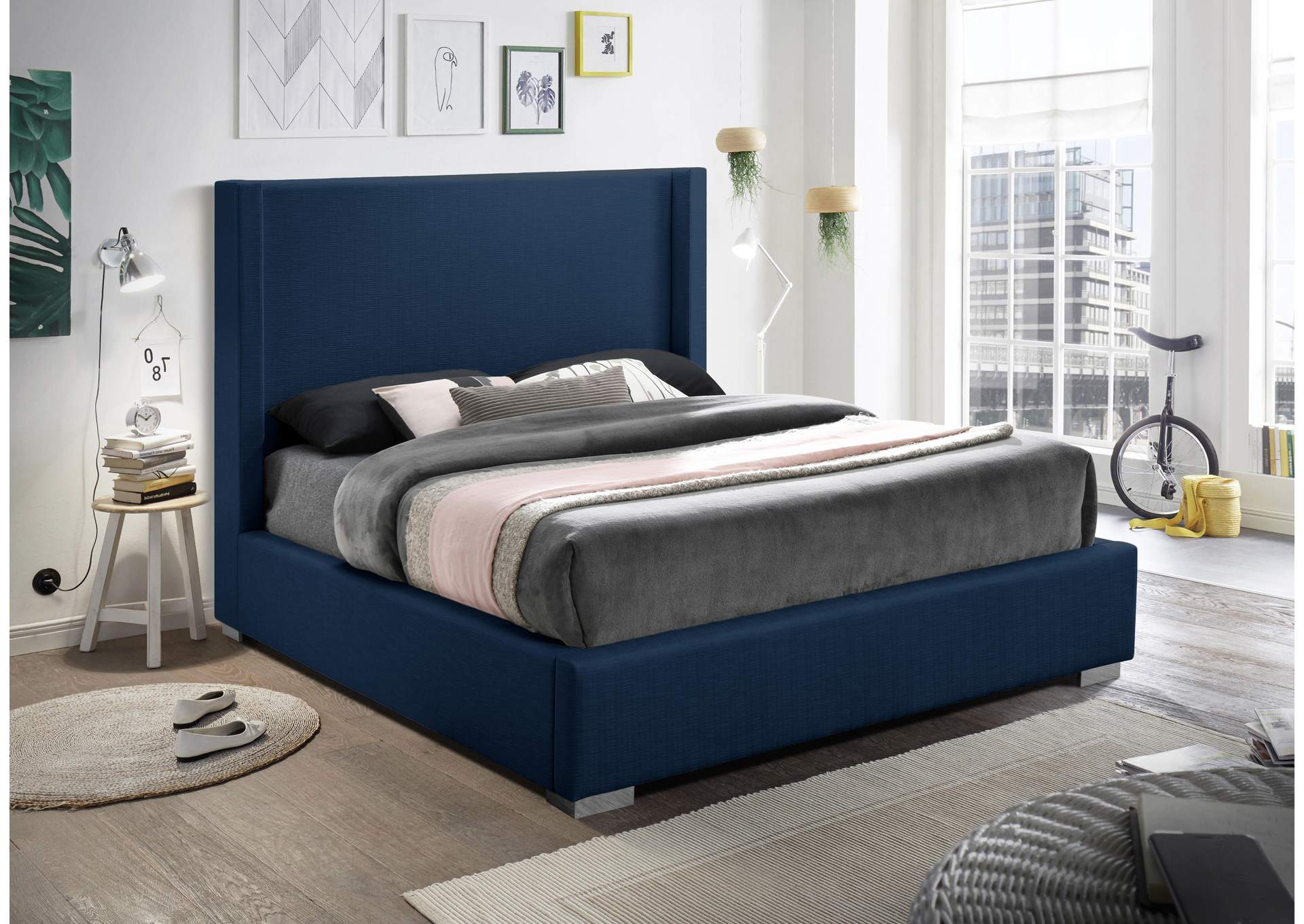 Royce Navy Linen Textured Fabric King Bed (3 Boxes),Meridian Furniture