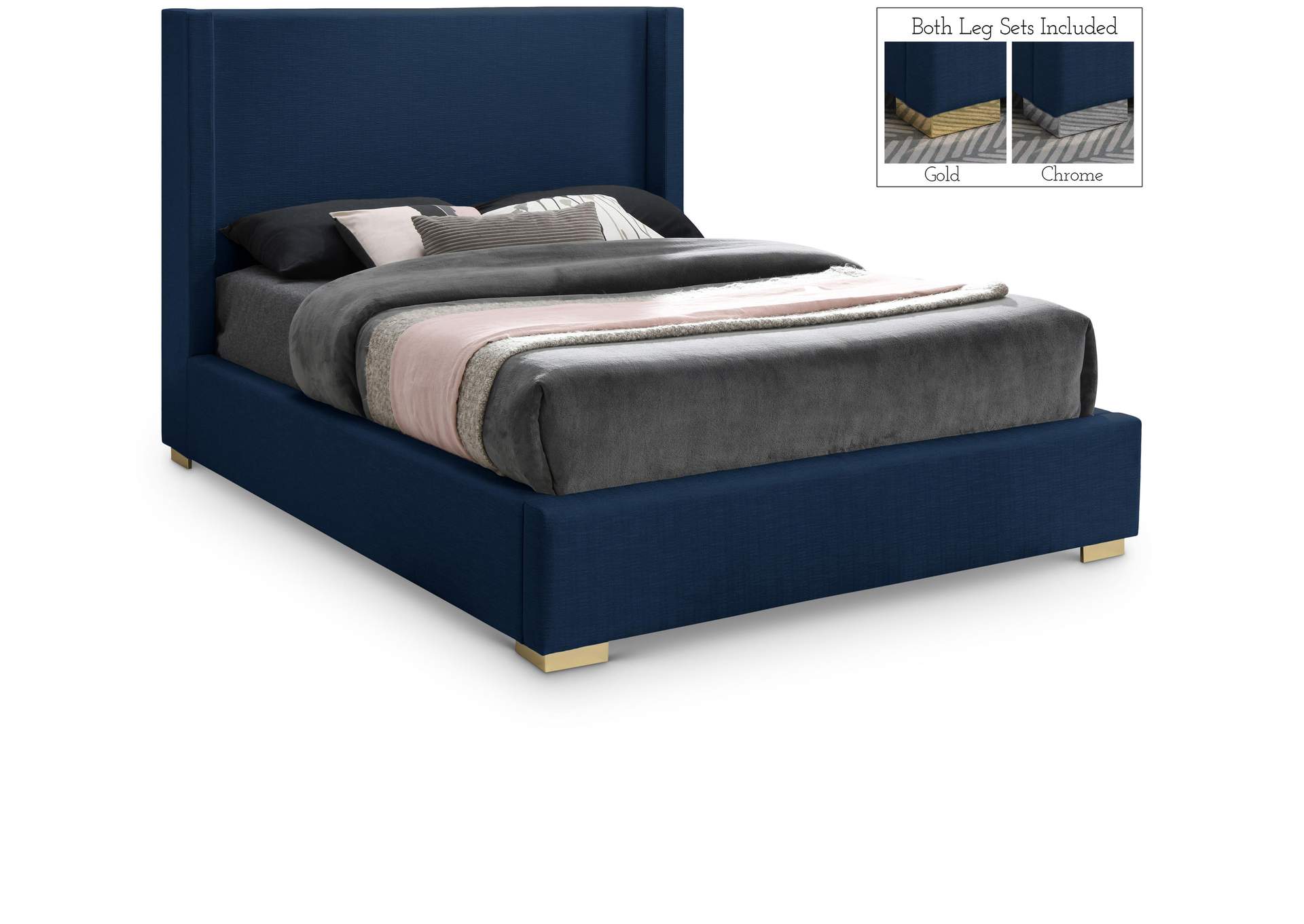 Royce Navy Linen Textured Fabric Queen Bed (3 Boxes),Meridian Furniture