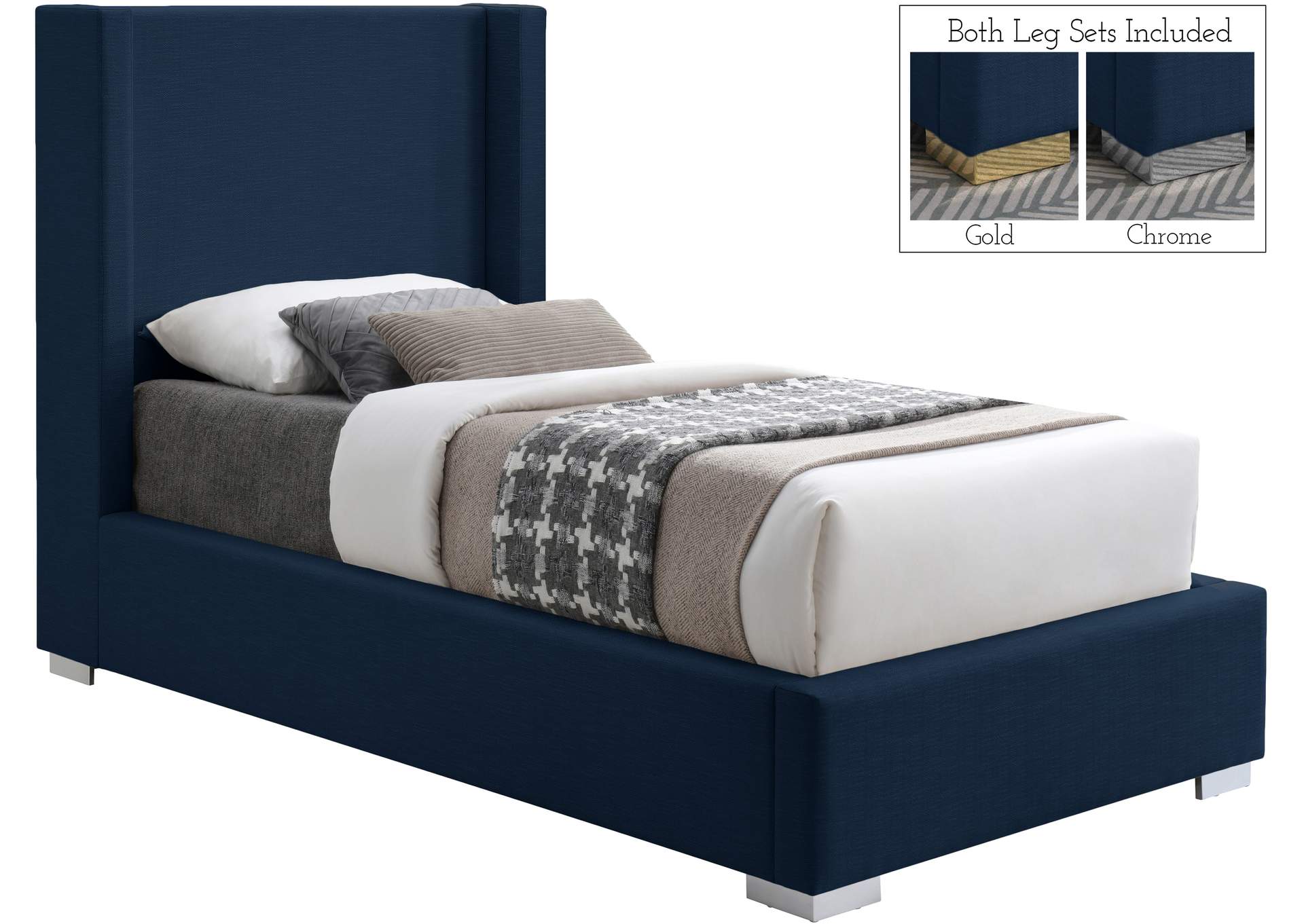 Royce Navy Linen Textured Fabric Twin Bed (3 Boxes),Meridian Furniture