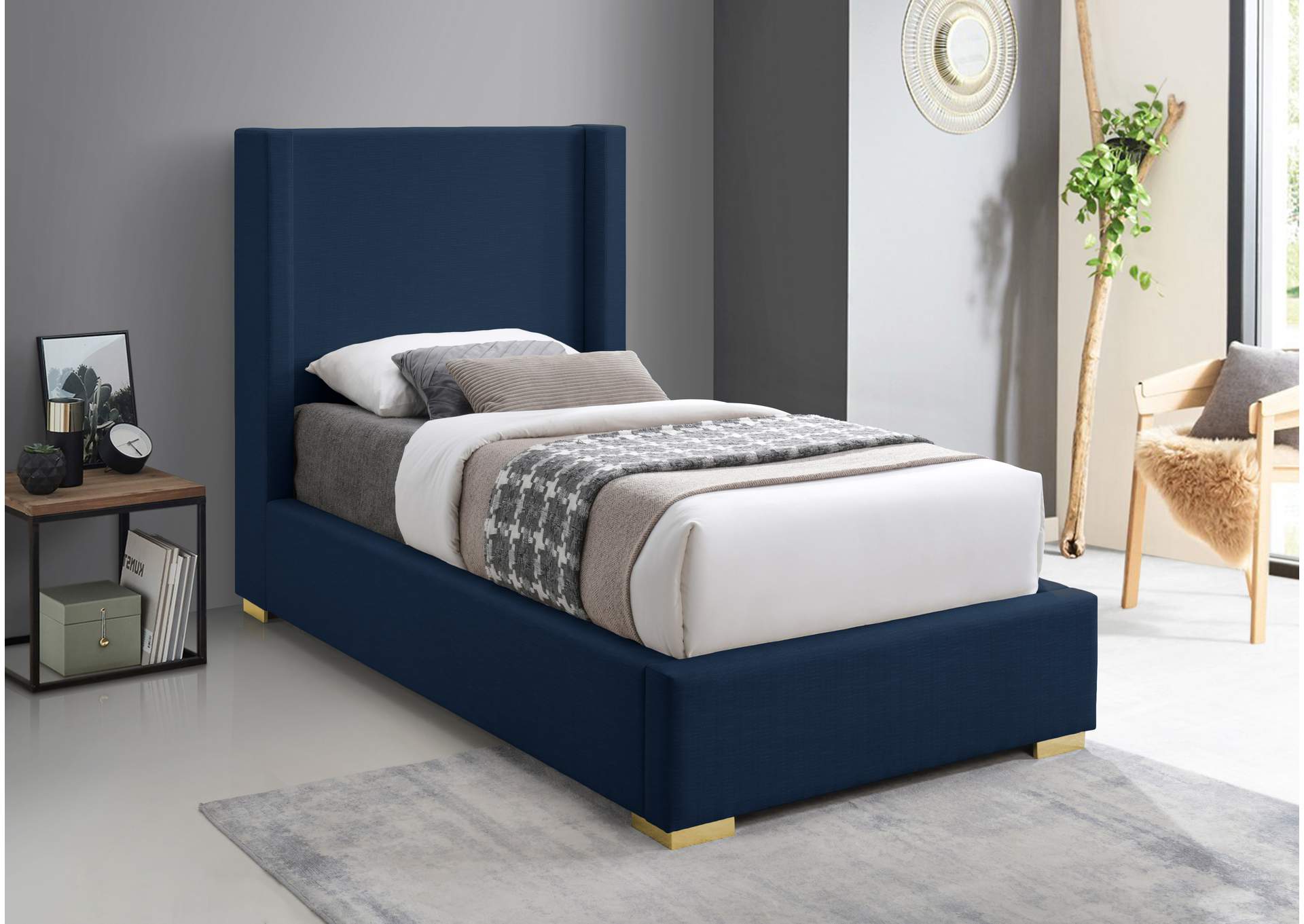 Royce Navy Linen Textured Fabric Twin Bed (3 Boxes),Meridian Furniture