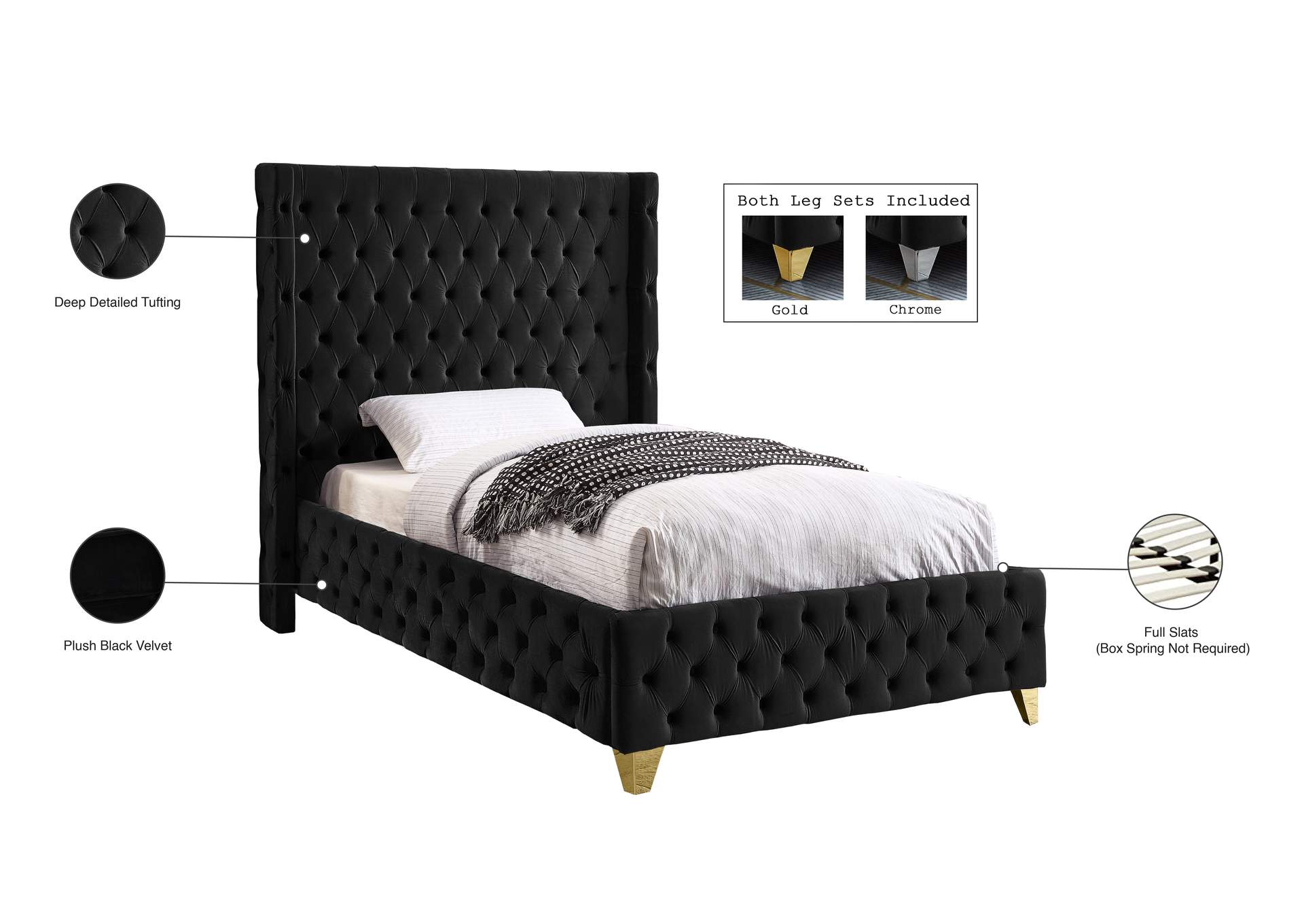 Savan Black Velvet Twin Bed,Meridian Furniture