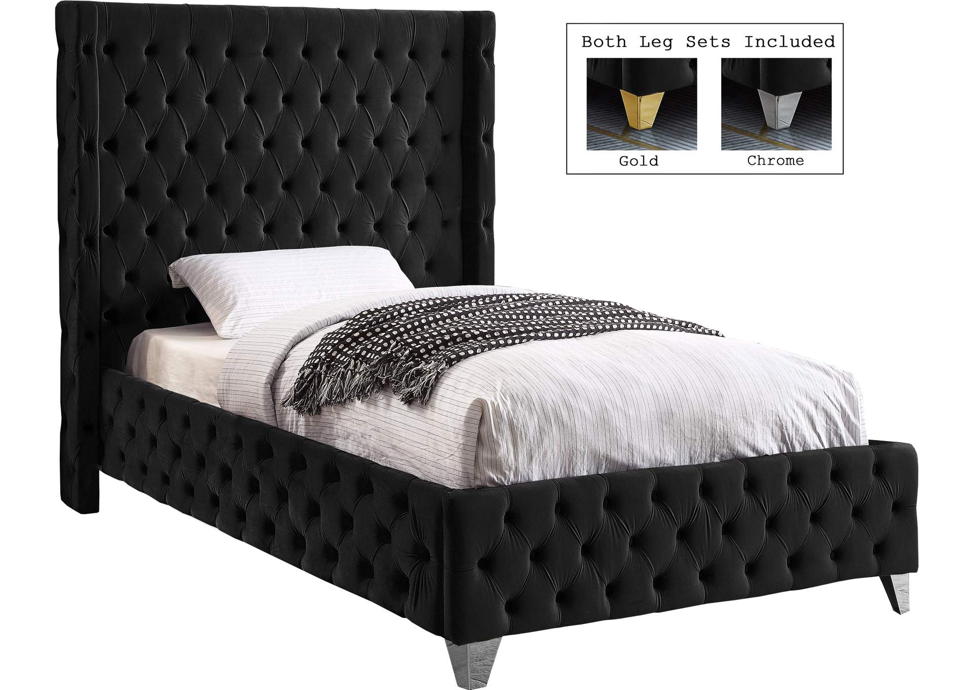 Savan Black Velvet Twin Bed,Meridian Furniture