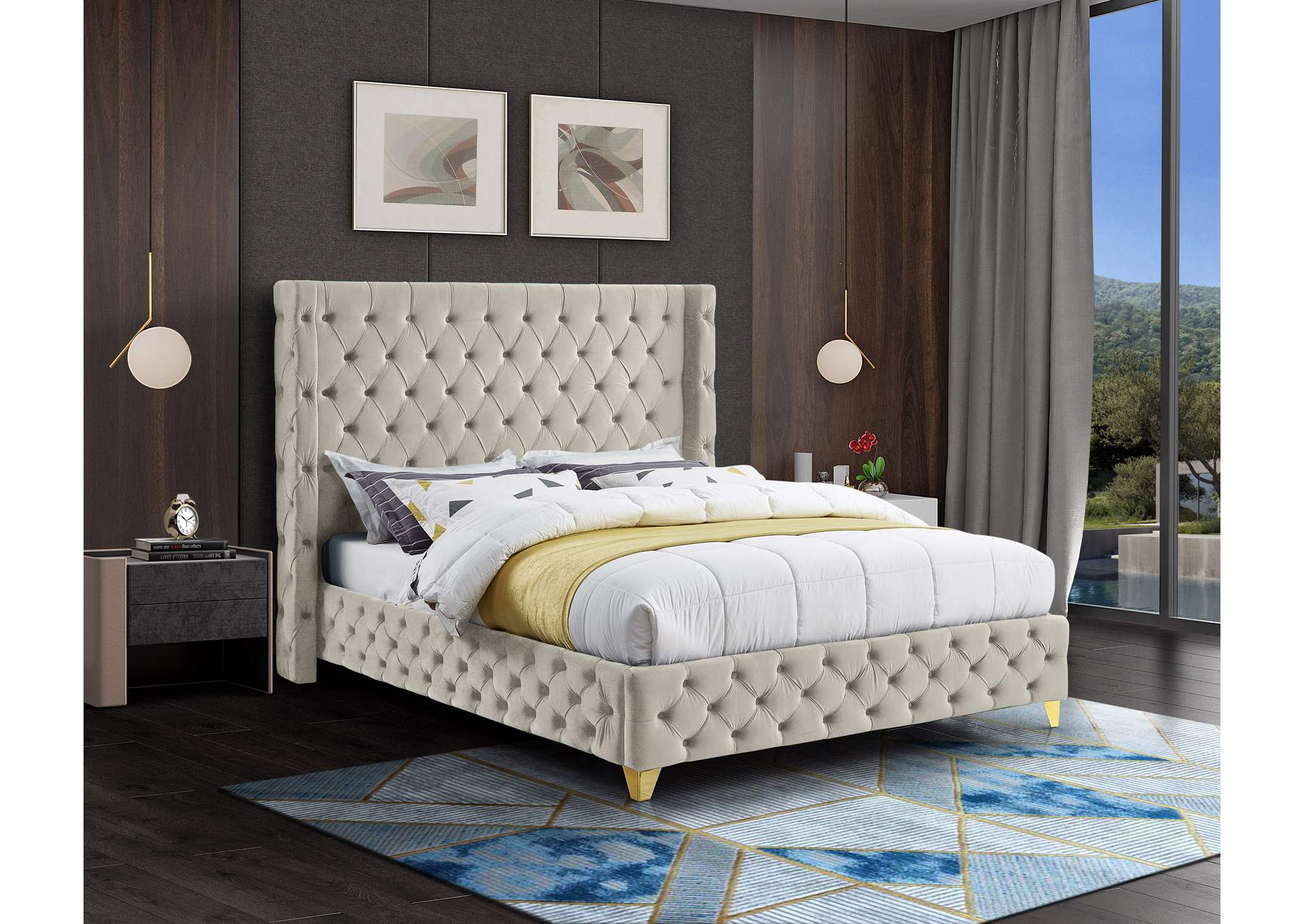 Savan Cream Velvet Queen Bed,Meridian Furniture