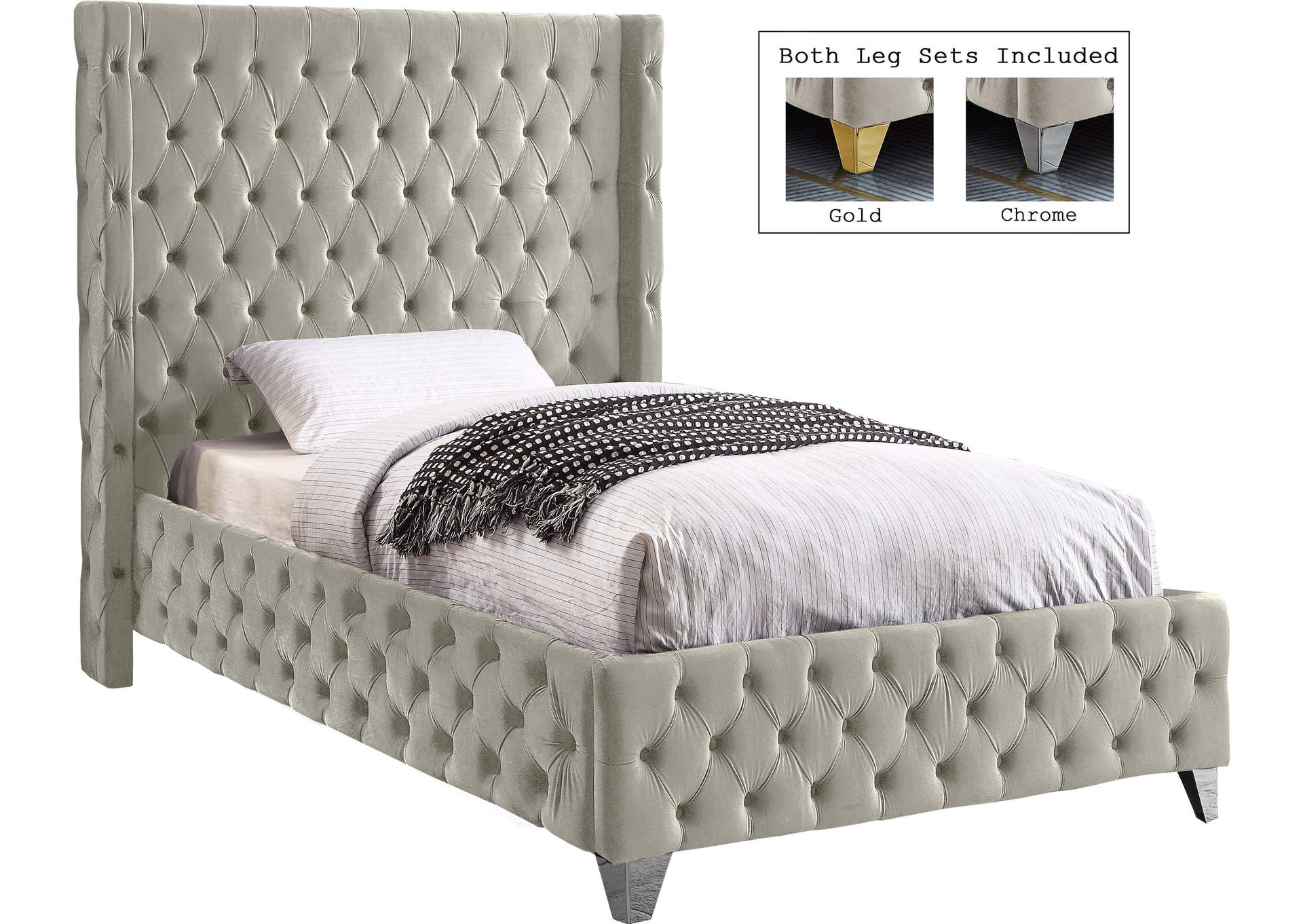 Savan Cream Velvet Twin Bed,Meridian Furniture