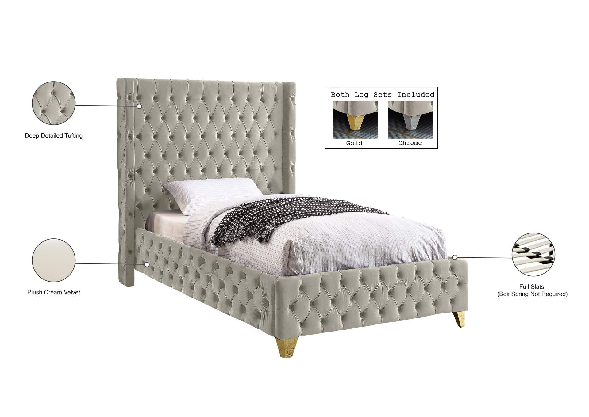 Savan Cream Velvet Twin Bed,Meridian Furniture