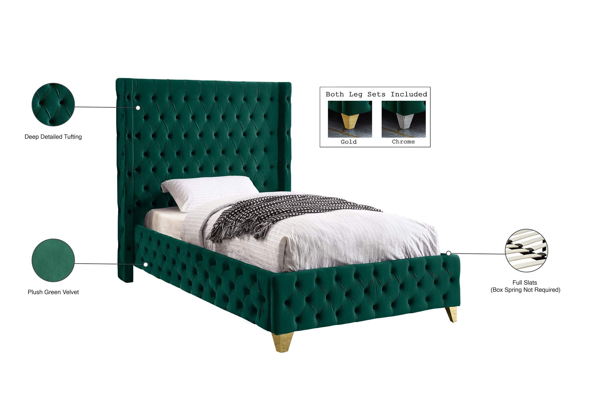 Savan Green Velvet Twin Bed,Meridian Furniture