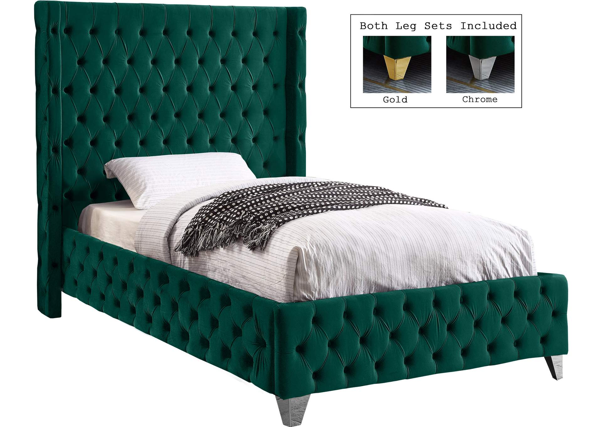 Savan Green Velvet Twin Bed,Meridian Furniture