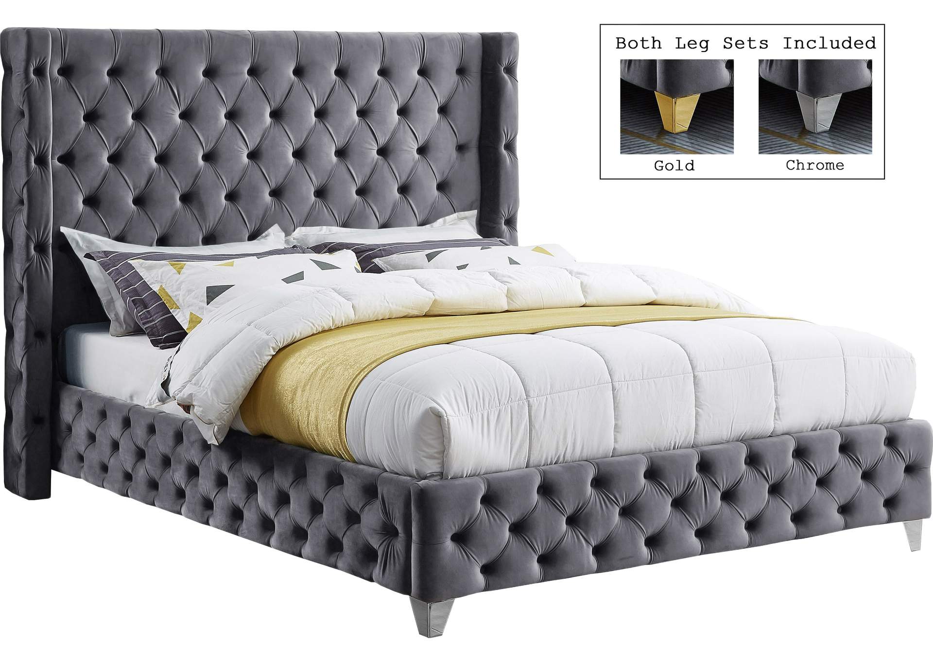 Savan Grey Velvet Full Bed,Meridian Furniture