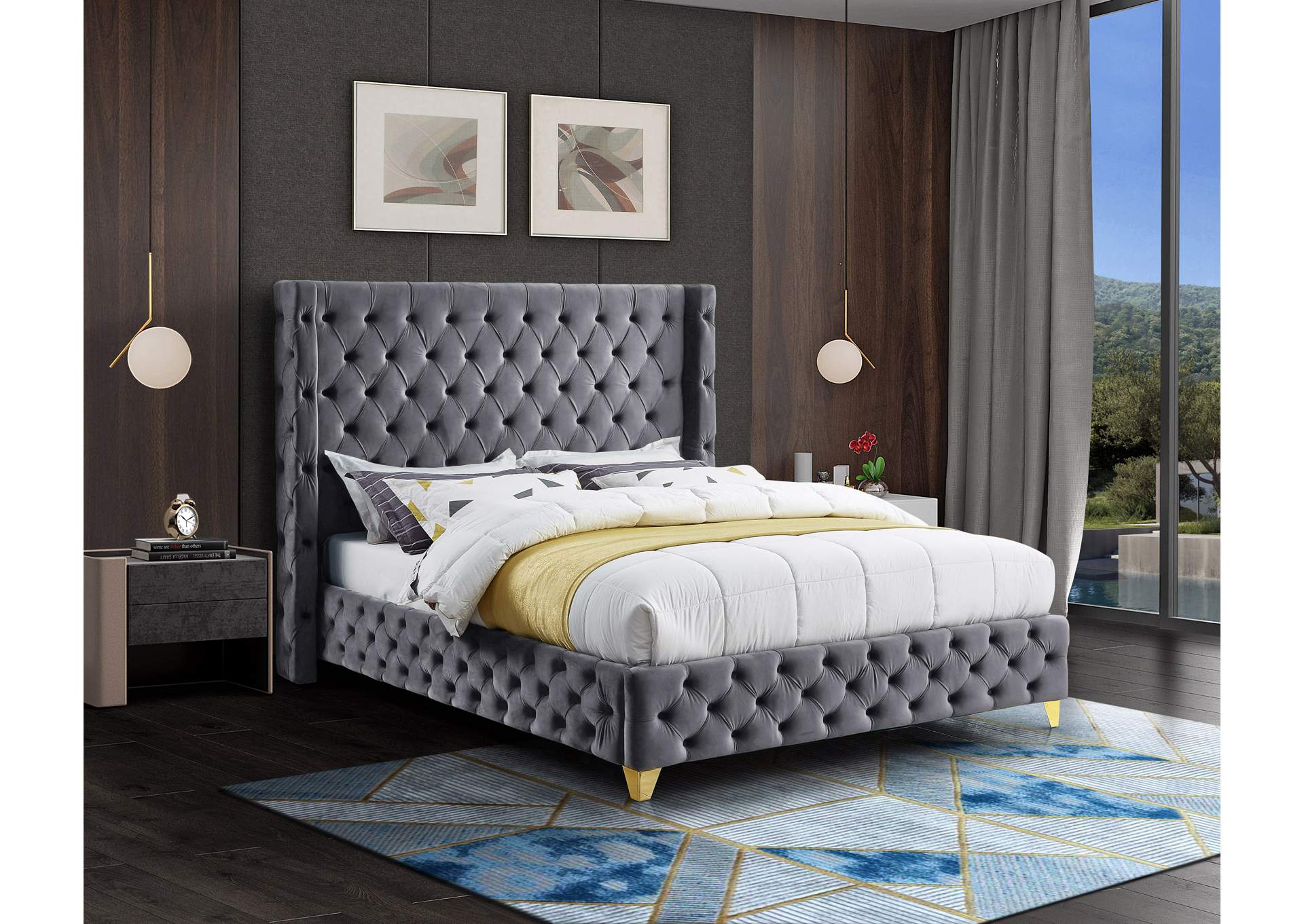 Savan Grey Velvet Full Bed,Meridian Furniture