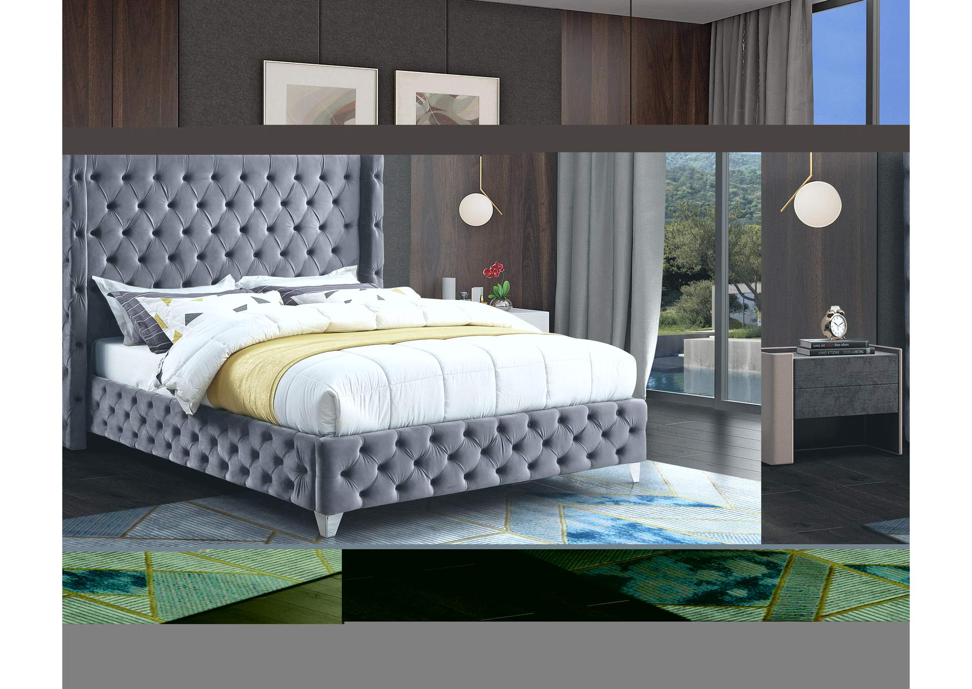Savan Grey Velvet Queen Bed,Meridian Furniture