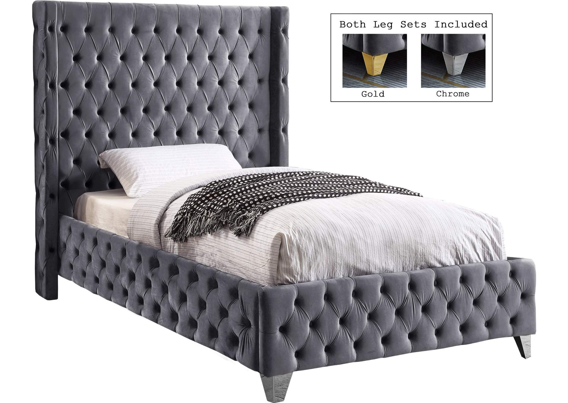 Savan Grey Velvet Twin Bed,Meridian Furniture