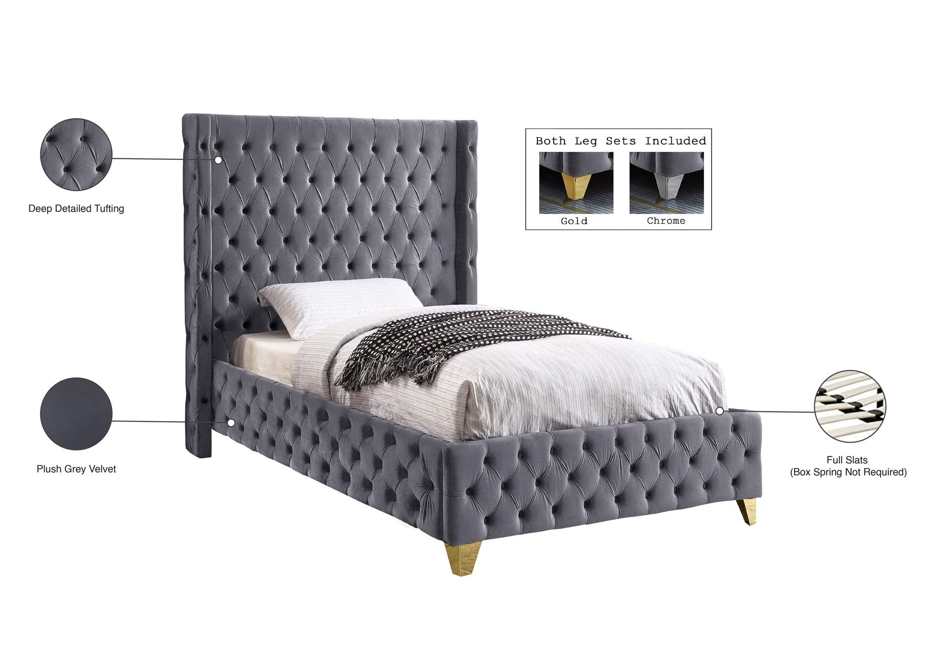 Savan Grey Velvet Twin Bed,Meridian Furniture