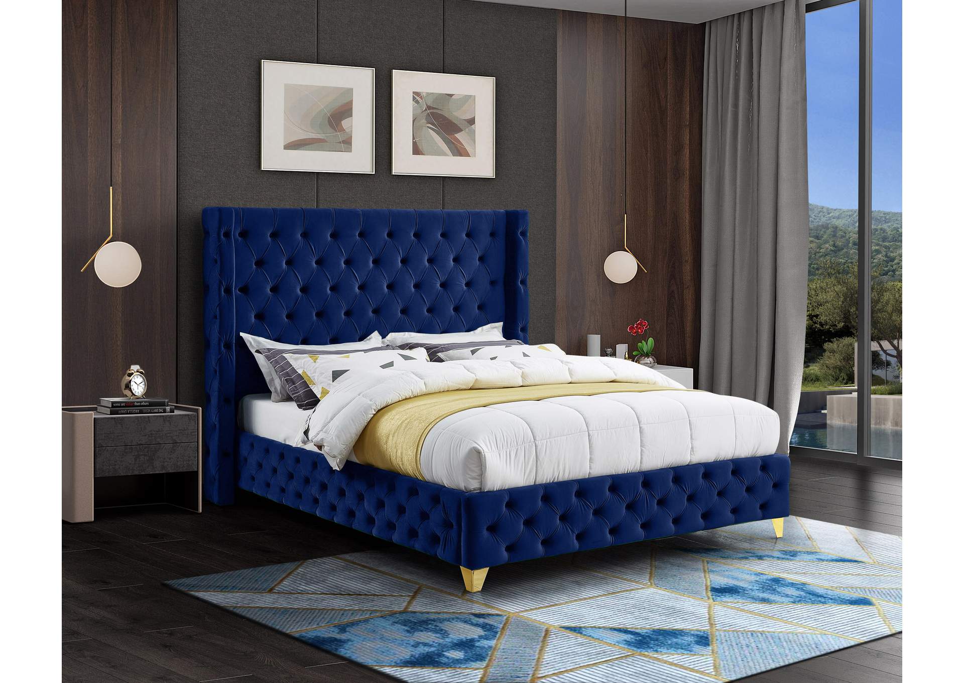Savan Navy Velvet Queen Bed,Meridian Furniture