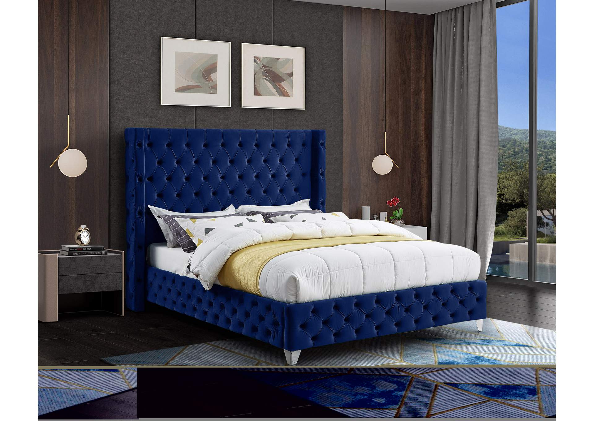 Savan Navy Velvet Queen Bed,Meridian Furniture