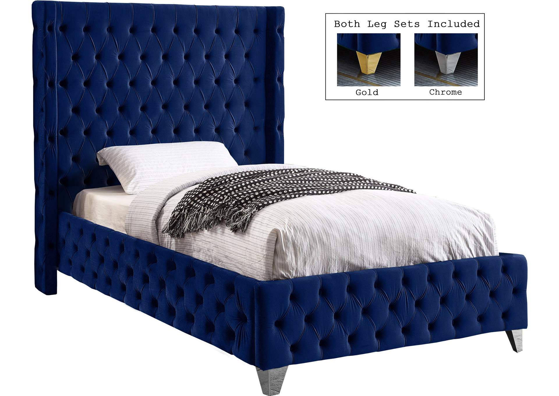 Savan Navy Velvet Twin Bed,Meridian Furniture