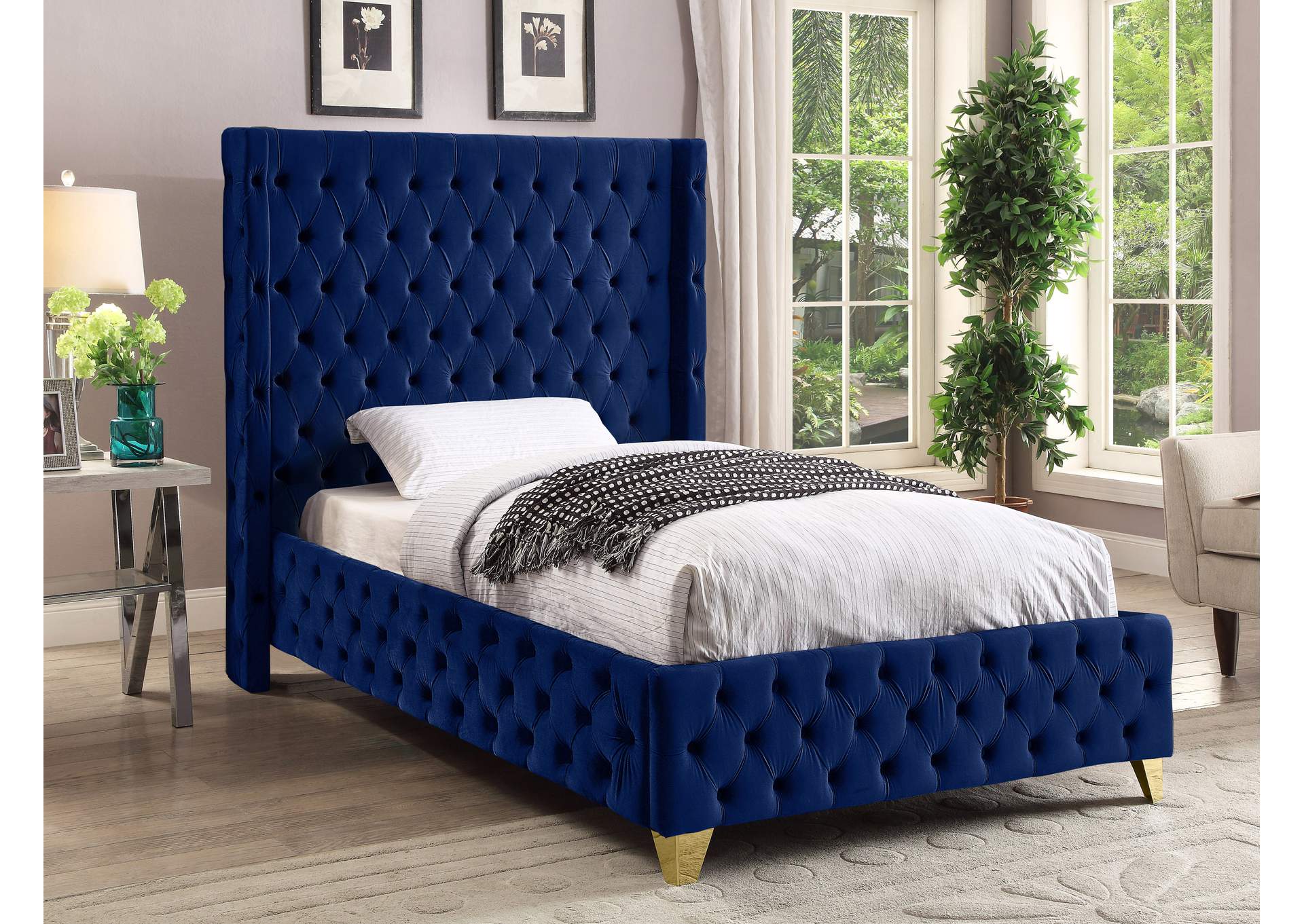 Savan Navy Velvet Twin Bed,Meridian Furniture