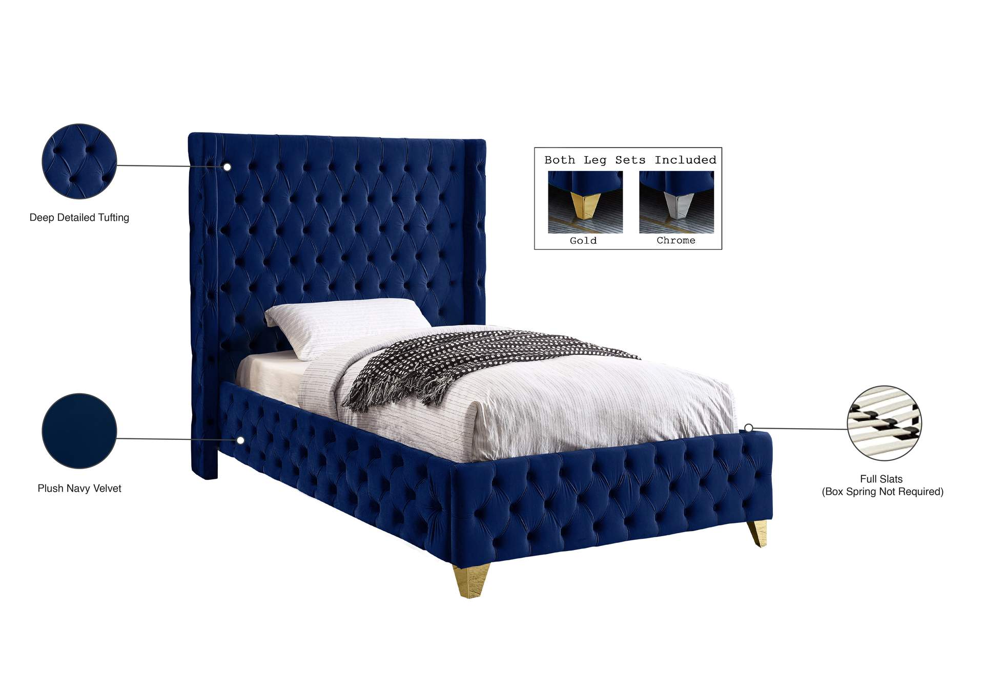 Savan Navy Velvet Twin Bed,Meridian Furniture