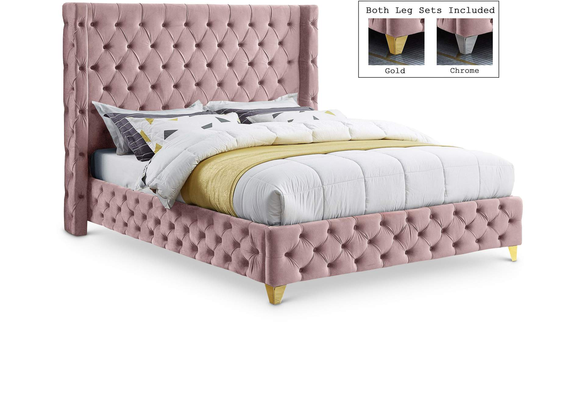 Savan Pink Velvet Queen Bed,Meridian Furniture