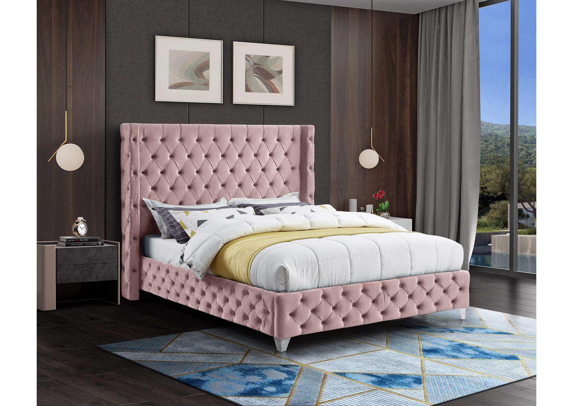Savan Pink Velvet Queen Bed,Meridian Furniture