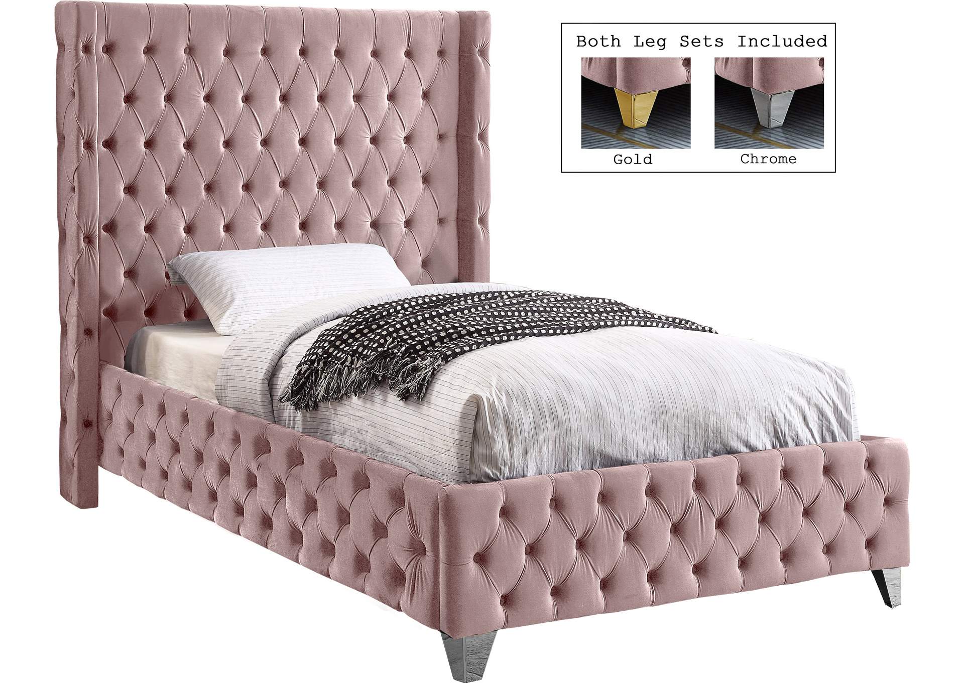 Savan Pink Velvet Twin Bed,Meridian Furniture