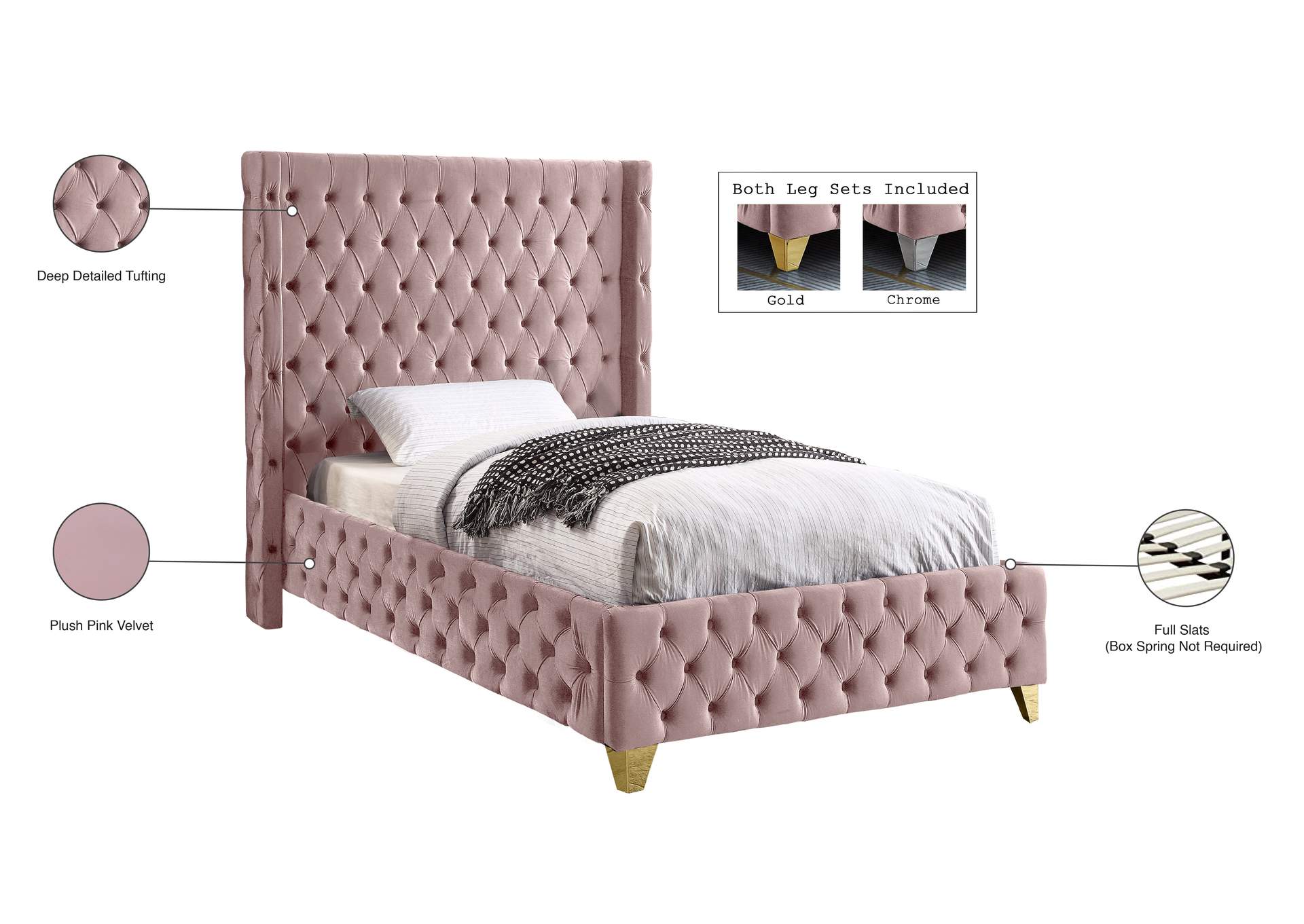 Savan Pink Velvet Twin Bed,Meridian Furniture