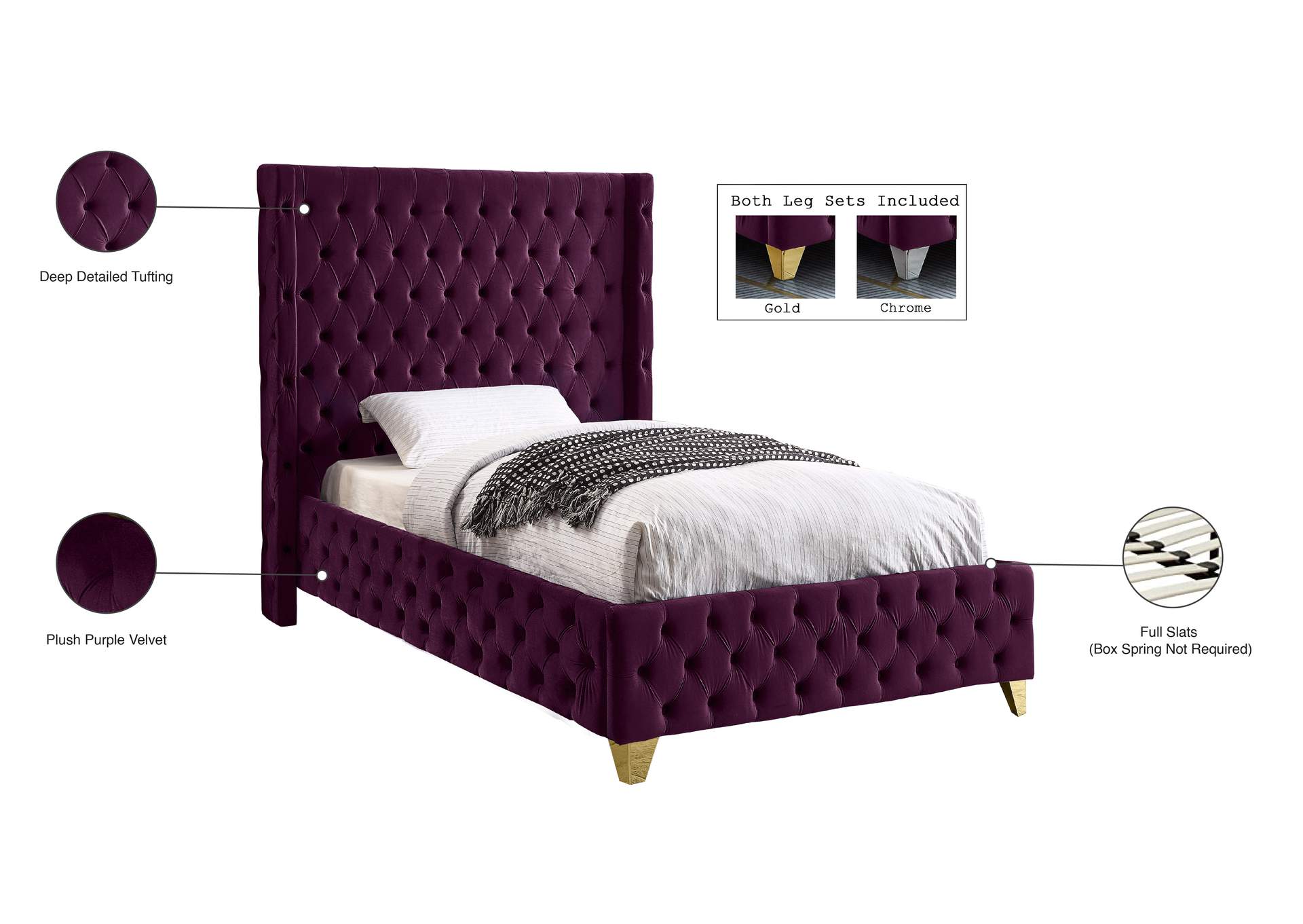 Savan Purple Velvet Twin Bed,Meridian Furniture