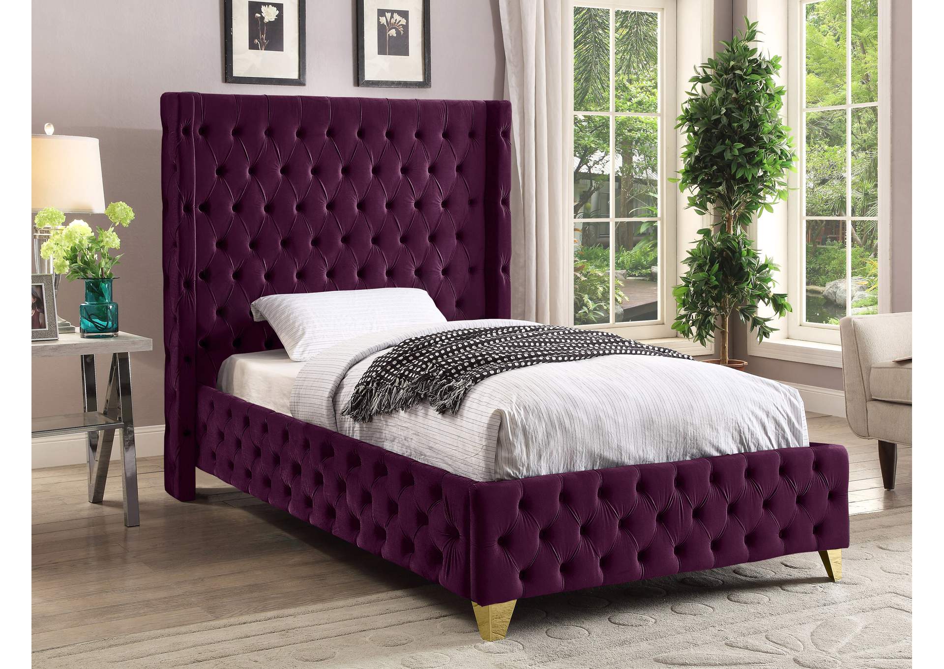 Savan Purple Velvet Twin Bed,Meridian Furniture