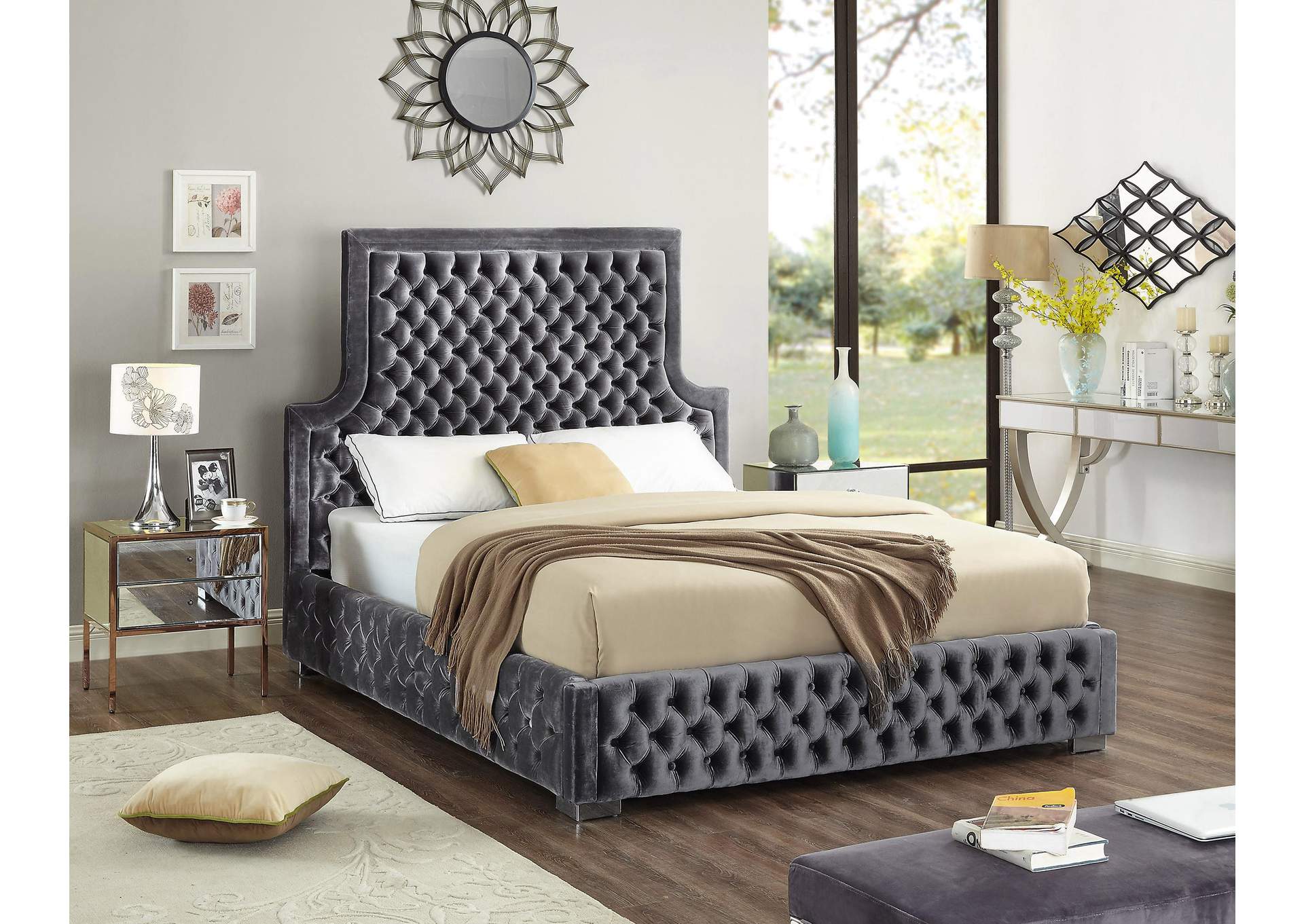 Sedona Grey Velvet Queen Bed,Meridian Furniture