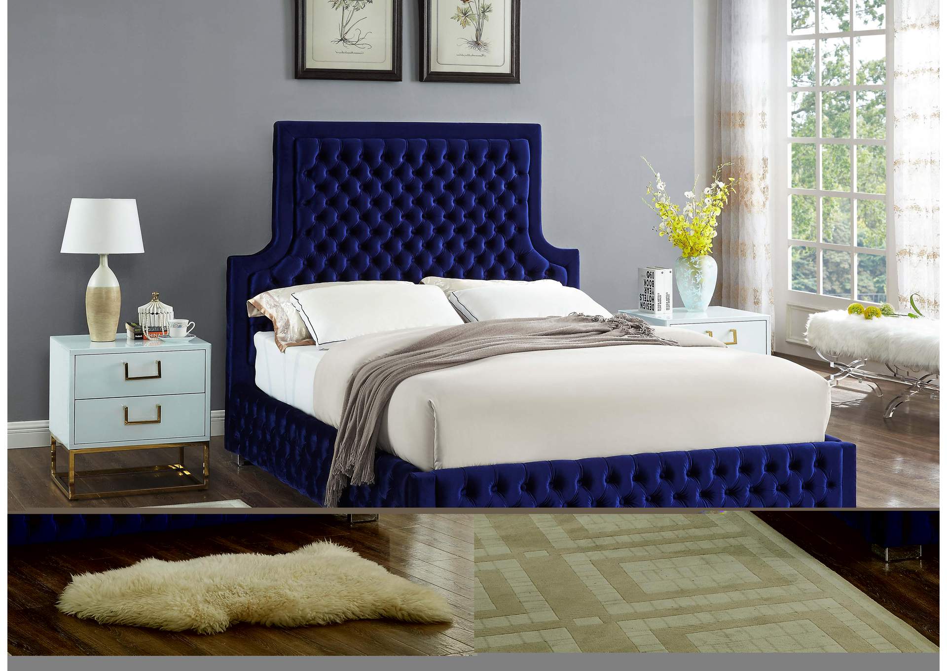 Sedona Navy Velvet Queen Bed,Meridian Furniture