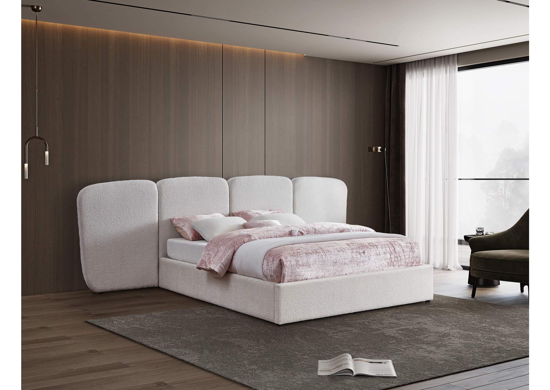 Shiloh Cream Boucle Fabric Queen Bed (3 Boxes),Meridian Furniture